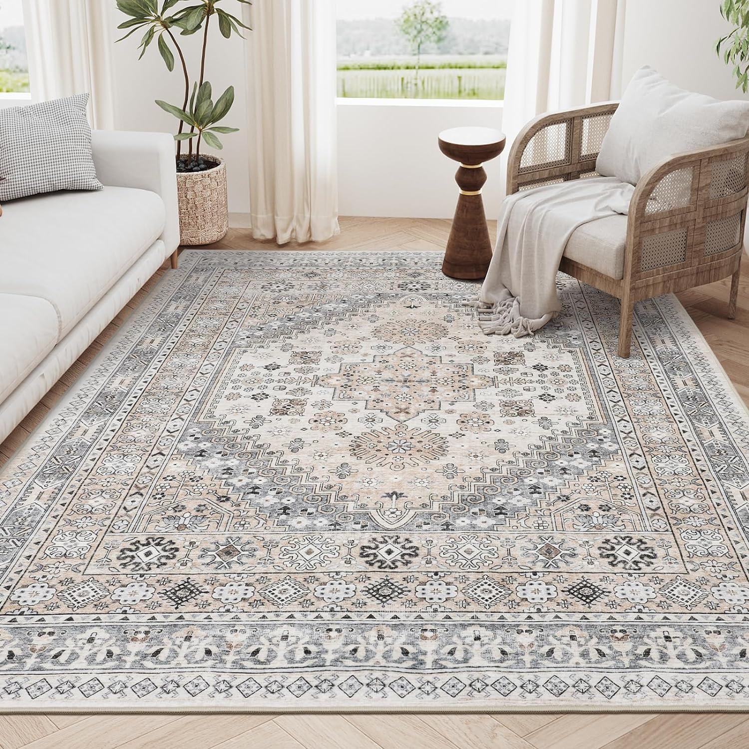 zesthome 6x9 Area Rug, Super Soft Washable Rugs for Living Room, Non-Slip Stain Resistant Vintage Rugs, Ultra-Thin Large Area Rugs (Beige,6'x9') Beige 6' x 9' (Rectangular)