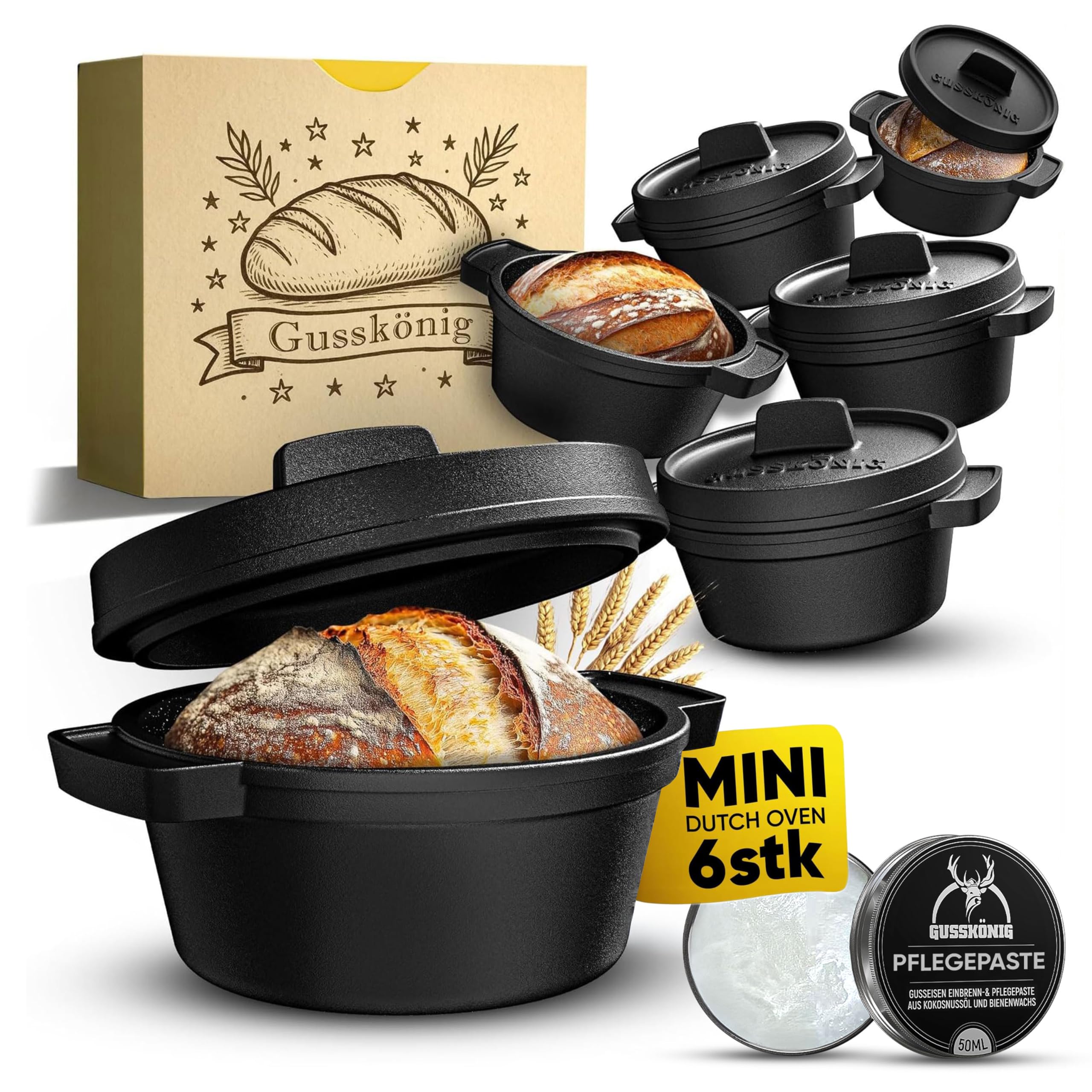 GUSSKÖNIG Mini Gusseisen Brotbackform Set–6x 300 ml Brotbacktopf mit Deckel–eingebrannte Mini Dutch Oven zum Brotbacken–kleine Gusseisentöpfe für Mini-Brote+Rezeptbuch & Pflegepaste–30Jahre Garantie