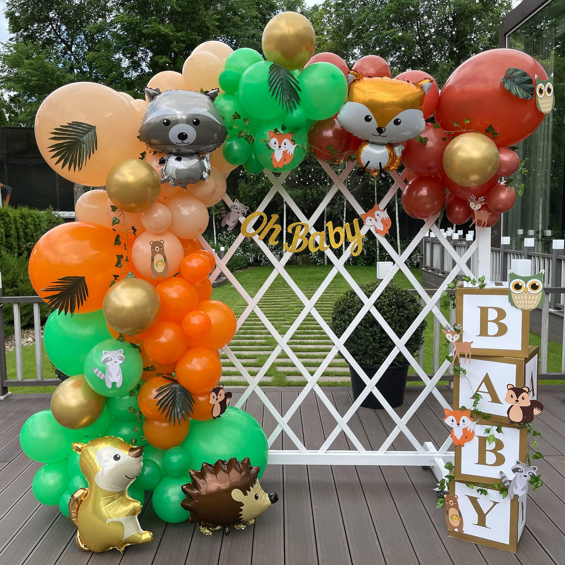 156 pc Woodland Baby Shower Decorations for Boy or Girl | 2 in 1 Set - Balloon Garland Arch, Boxes and Oh Baby Banner, Woodland Theme Baby Shower Decorations with Creatures Balloons and Cutouts