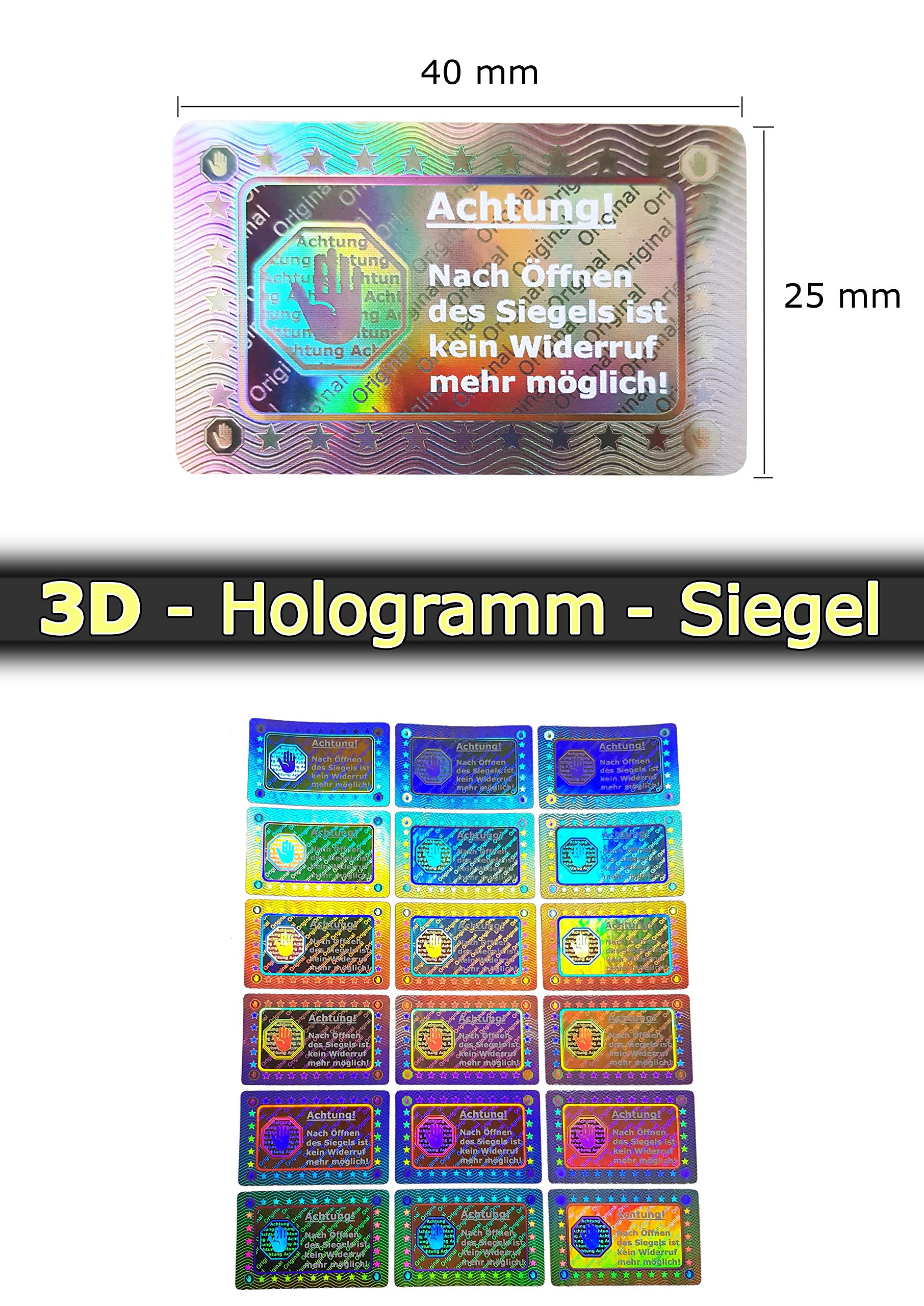 1000 pezzi, sigillo ologramma 3D, 40 x 25 mm, argento lucido, sigillo di sicurezza, etichetta di sicurezza, etichetta autoadesiva