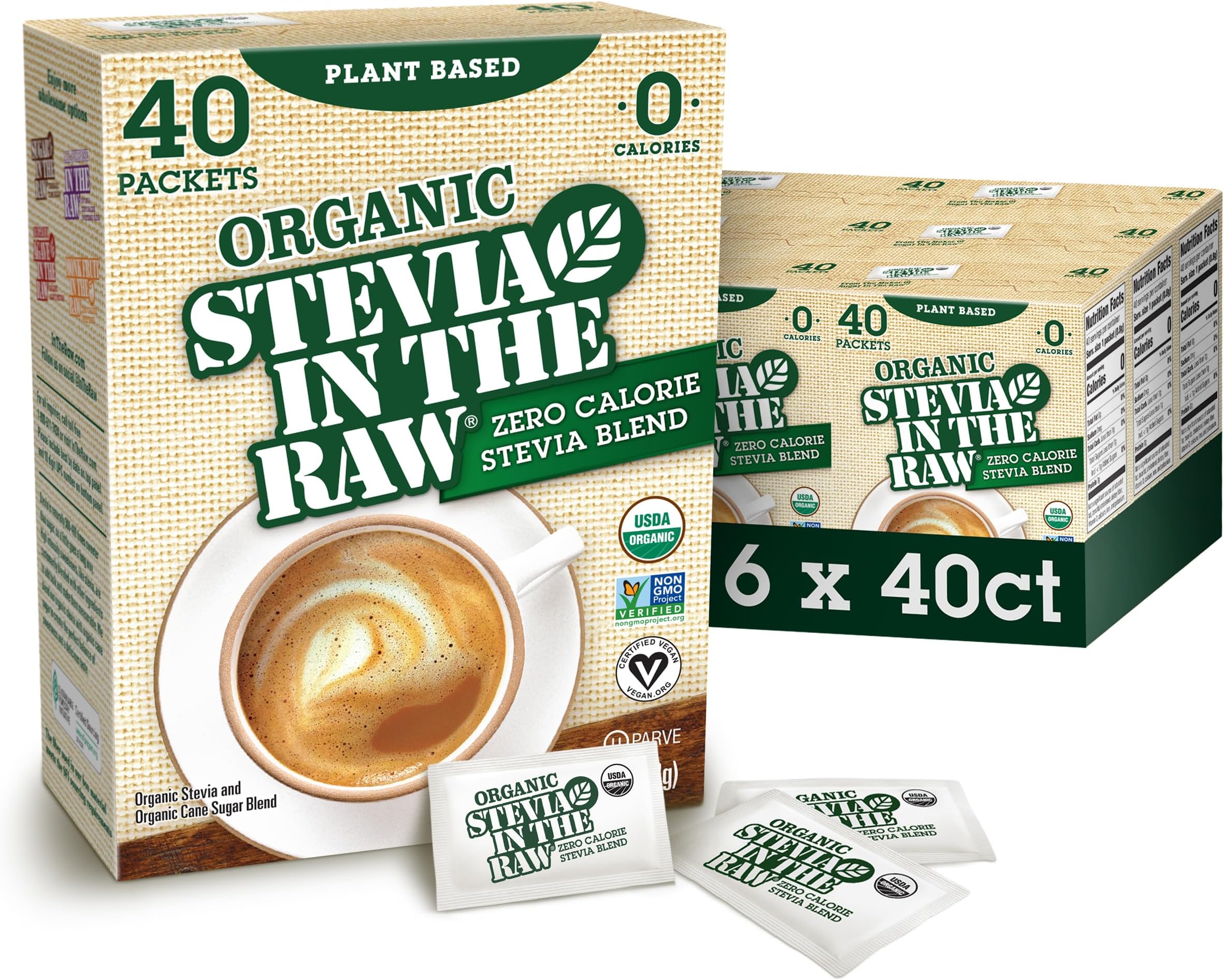Organic Stevia In The Raw, Plant Based Zero Calorie Natural Sweetener, No Erythritol, Sugar Substitute, Sweetener for Coffee, Hot & Cold Drinks, Non-GMO, Vegan, Gluten-Free, 40 Count Packets (6 Pack)