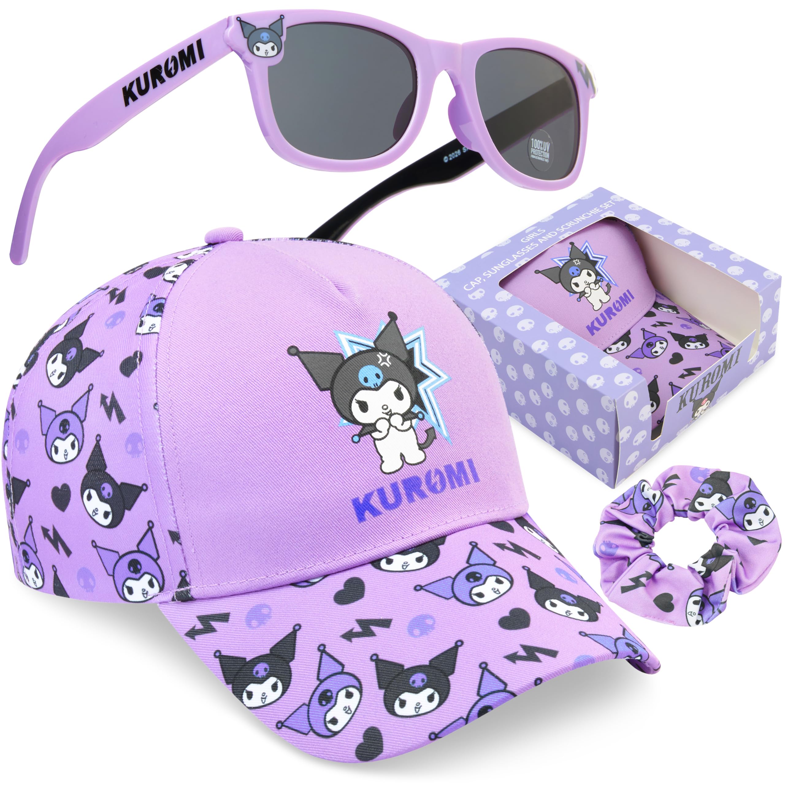 Get Trend Barbie | Hello Kitty | Kuromi | Squishmallows | Cinnamoroll Gorra Niña con Gafas de Sol UV400 y Goma Pelo Set, Accesorios Niña de Verano