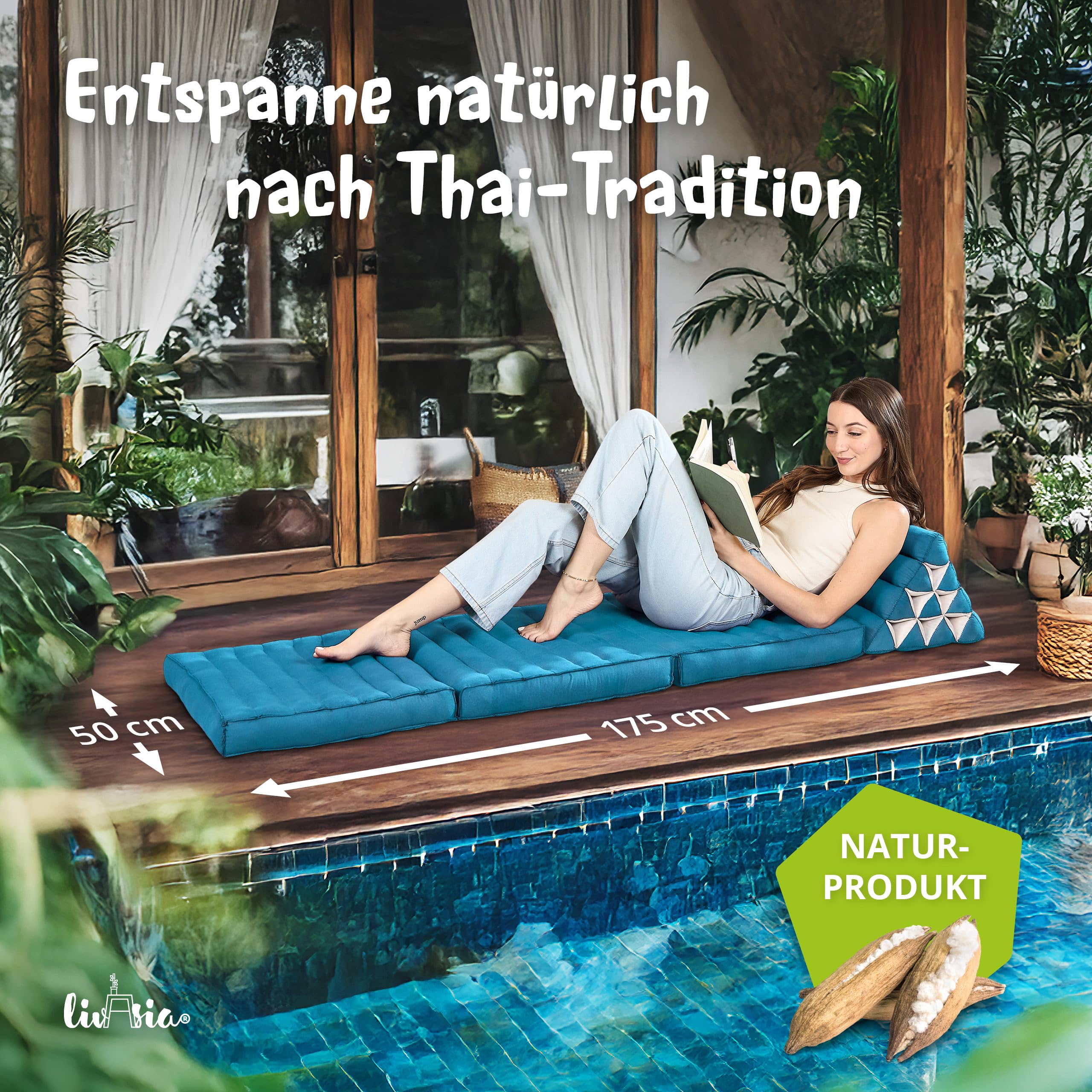livasia Thaikissen 3 Auflagen einfarbig - 175x50x8cm - Dreieckskissen Klappmatratze, Keilkissen Kapok, Rückenkissen faltbar, Thaimatte Klappen, handgefertigt, Meditationskissen (Hellblau Uni)
