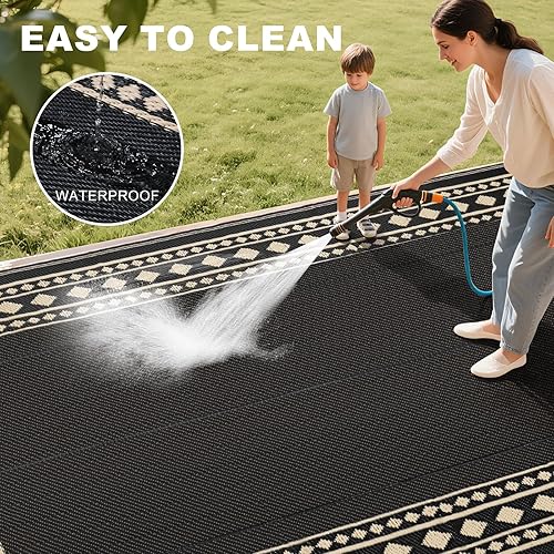 Miniatura 4 de RURALITY Tapetes de exterior 5 x 8 pies, impermeables, hechos de paja de plástico, para patio, porche, terraza, balcón, color negro y beige