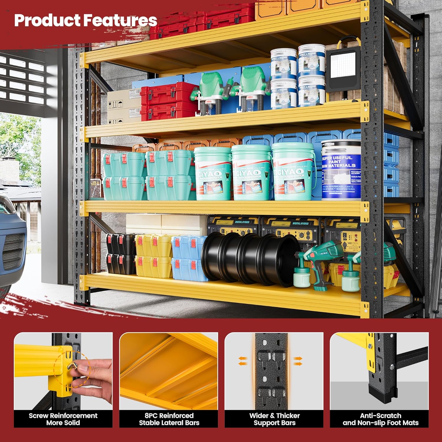 48" Wide Storage Shelves, 2000LBS Garage Shelving Heavy Duty, Standing Shelf Units, 4 Tier Metal Adjustable Storage Shelving Rack for Shop Warehouse Basement, 48'' W x 24''D x 70'' H