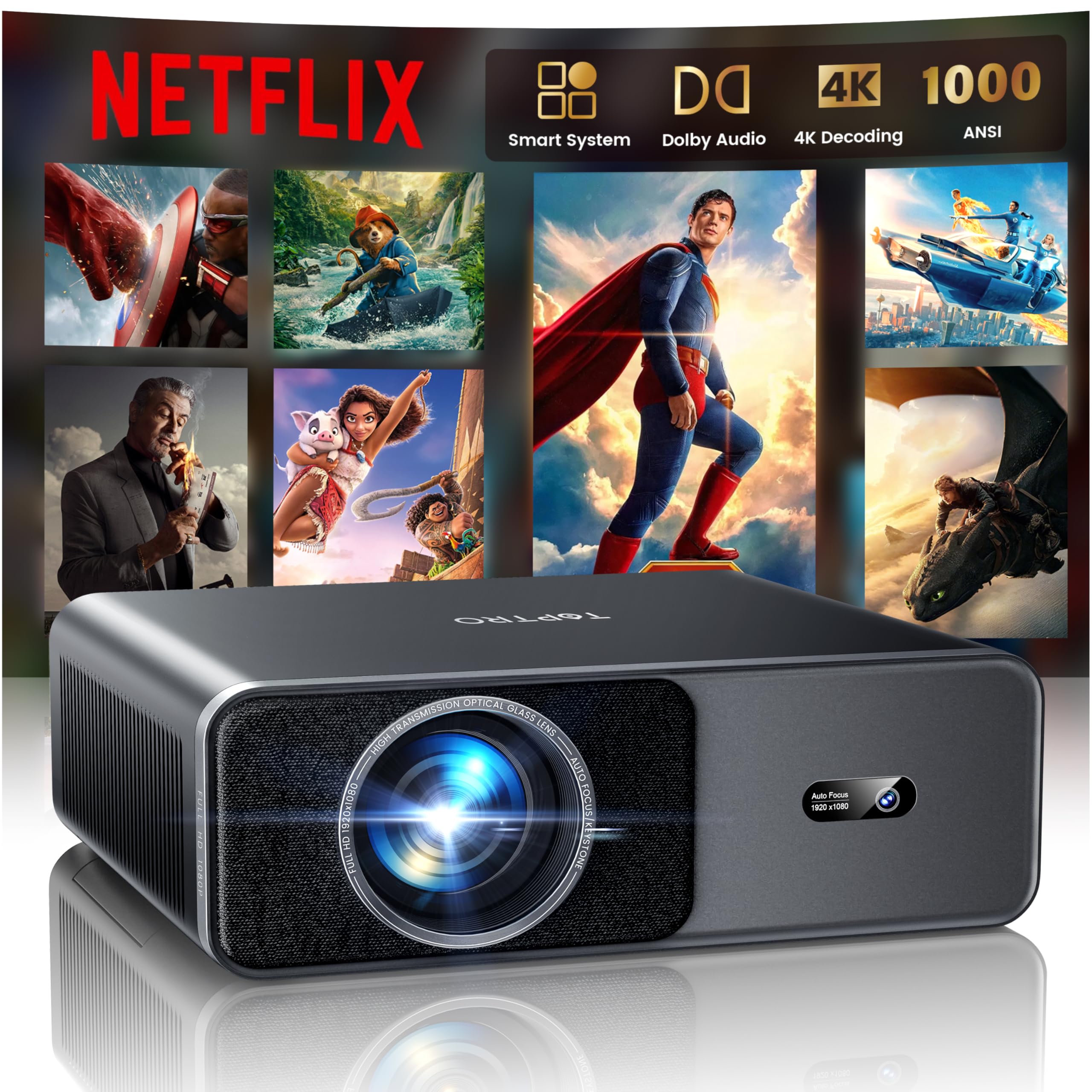 Proiettore 4K[Ufficiali Netflix e Dolby]1000 ANSI Regolazione Auto Dell'immagine AI Proiettore Portatile per Home Theater e Esterno WiFi 6 Two-way Bluetooth 5.3 Videoproiettore TOPTRO A1