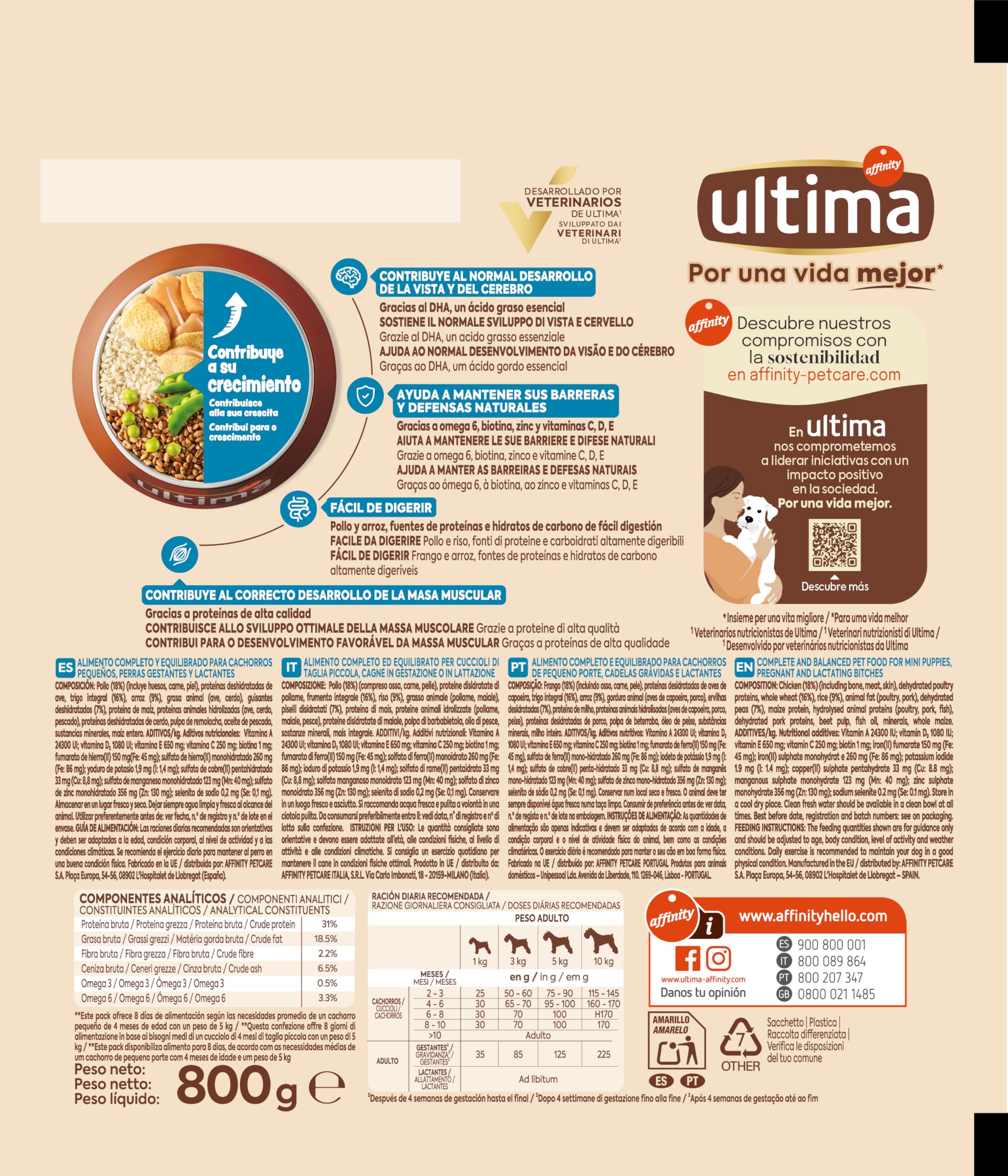 Ultima Nourriture pour Petits Chiens Mini Junior au Poulet, Lot de 8 x 800 g, Total : 6,4 kg
