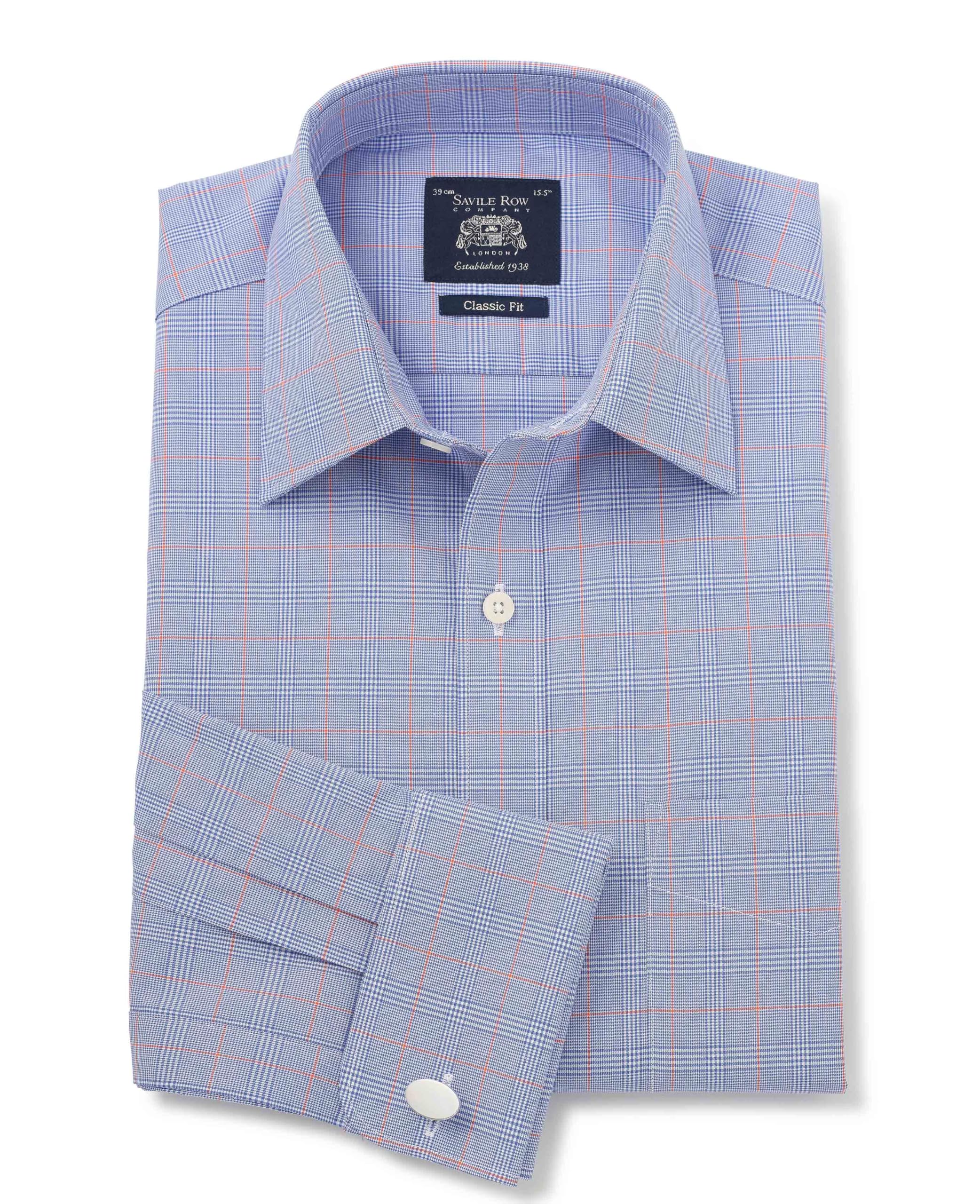The Savile Row Company London Men's Blue Prince Of Wales Check Classic Fit Cotton Poplin Formal Shirt - Double Cuff - 16.5" Collar - Standard