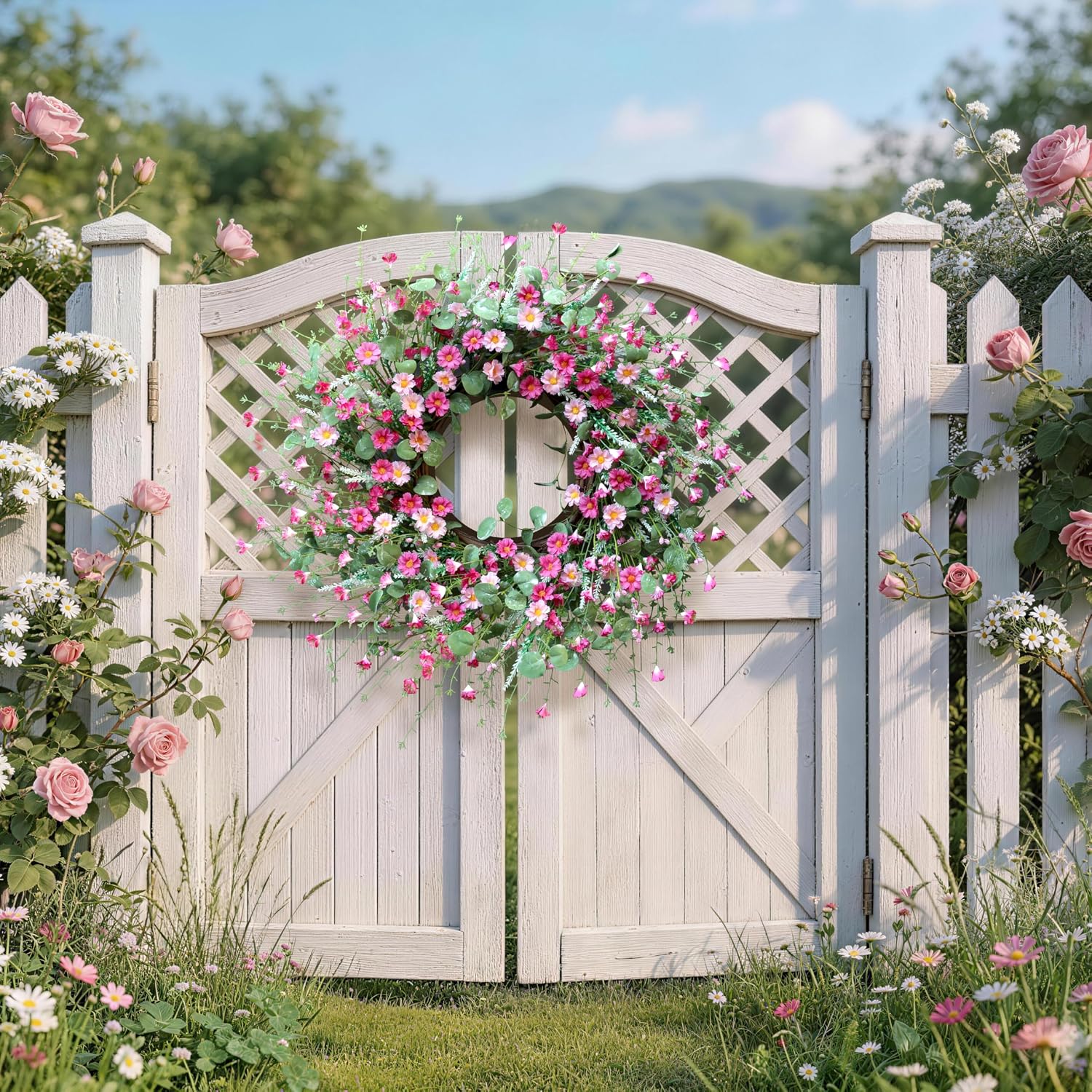 22" Montekin Daisy Spring Summer Wreath for Front Door Outdoor Wall Décor