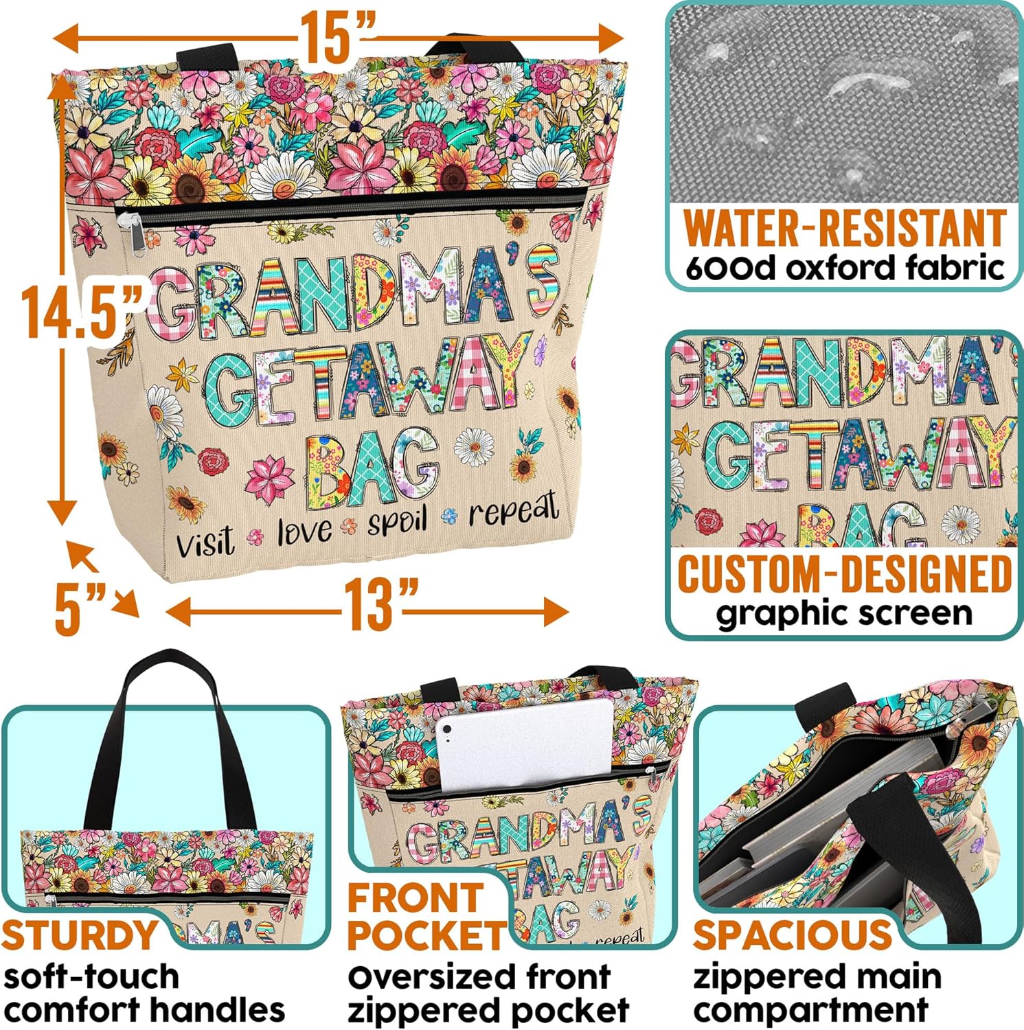 84hoods Aesthetic Tote Bag for Women. Shoulder Bag Grandma Gift for Grandmother. Travel Grocery Bag with Pockets, Zipper. - Image 4