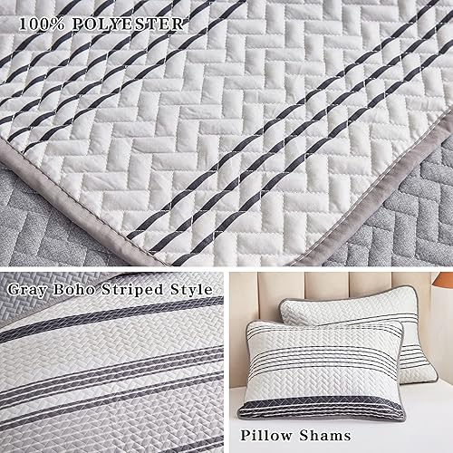 Vista 12 de Flysheep Juego de edredón bohemio a rayas tamaño King, colcha reversible de 3 piezas en gris y blanco, colcha de microfibra cepillada para todas