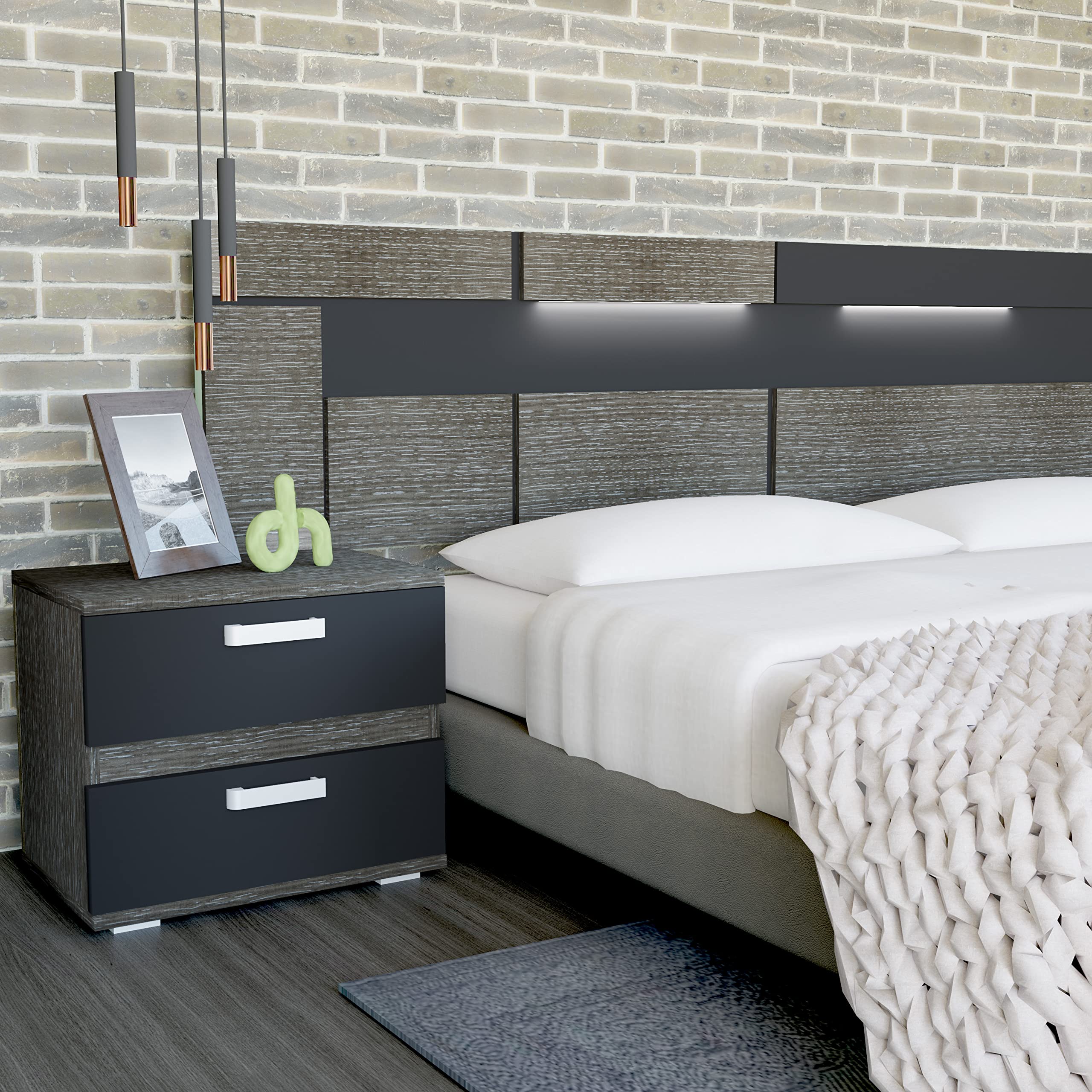 duehome | Pack Cabecero con Leds y 2 Mesitas de Noche, Dormitorio Doble, Dormitorio Completo, Modelo Ataneq Dark, Acabado en Ceniza y Negro