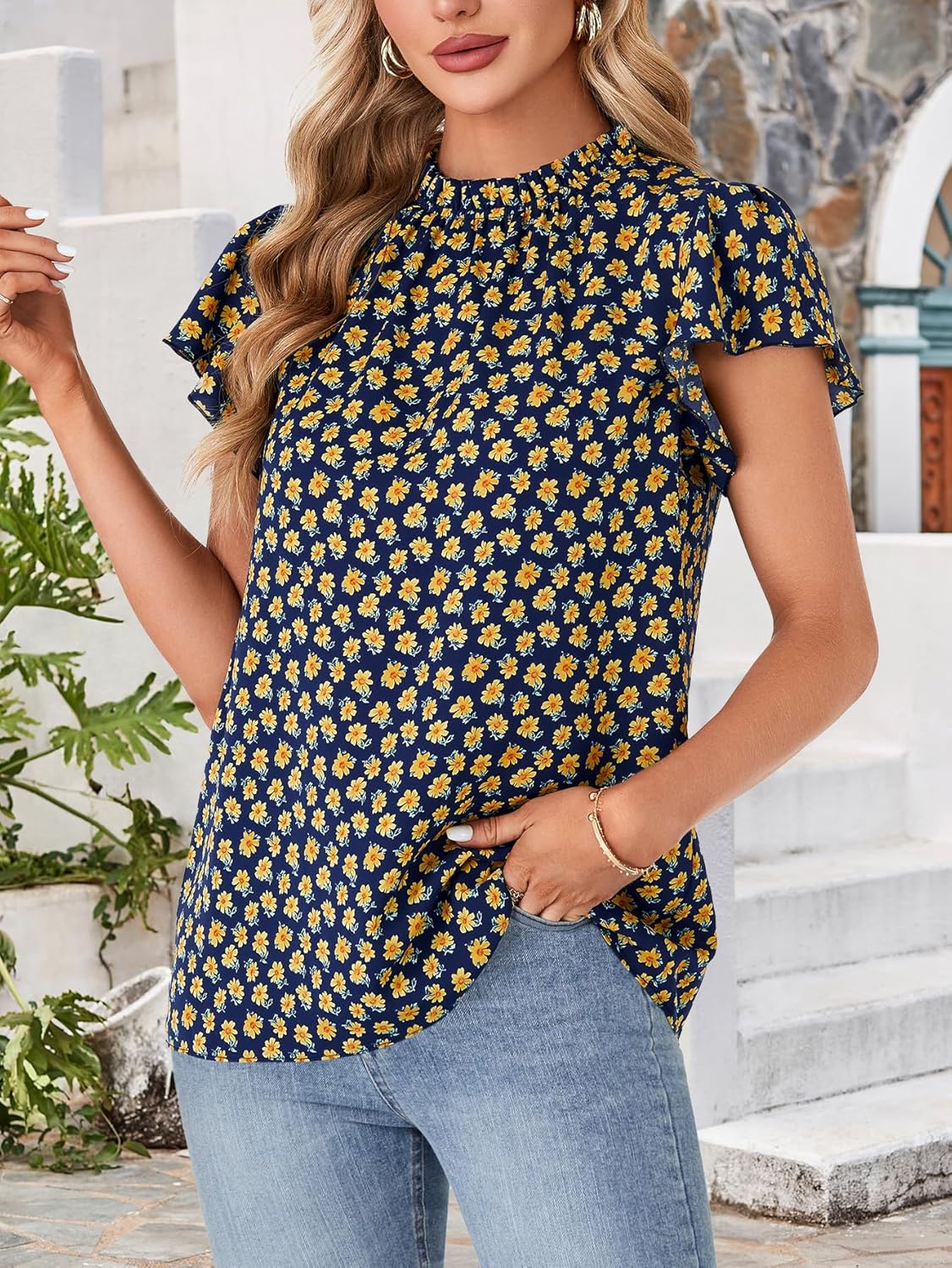 Rooscier Women's Boho Shirts Floral Ruffle Short Sleeve Frill Mock Neck Blouses Shirts Tops - Image 3