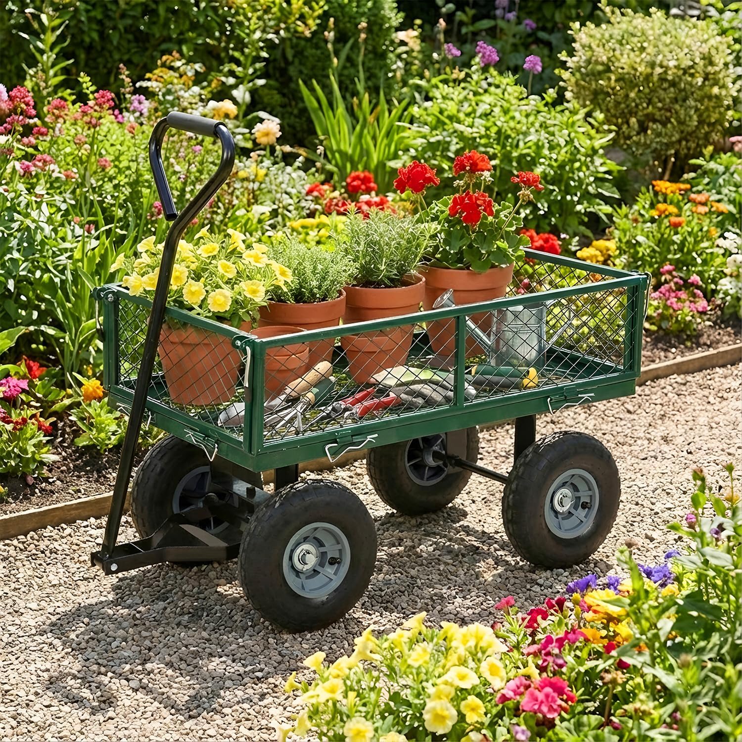 BestMassage Heavy Duty 500 Lbs Capacity Mesh Steel Garden Cart Folding Utility Wagon with Removable Sides for Beach Lawn Yard Landscape (Deep Green)