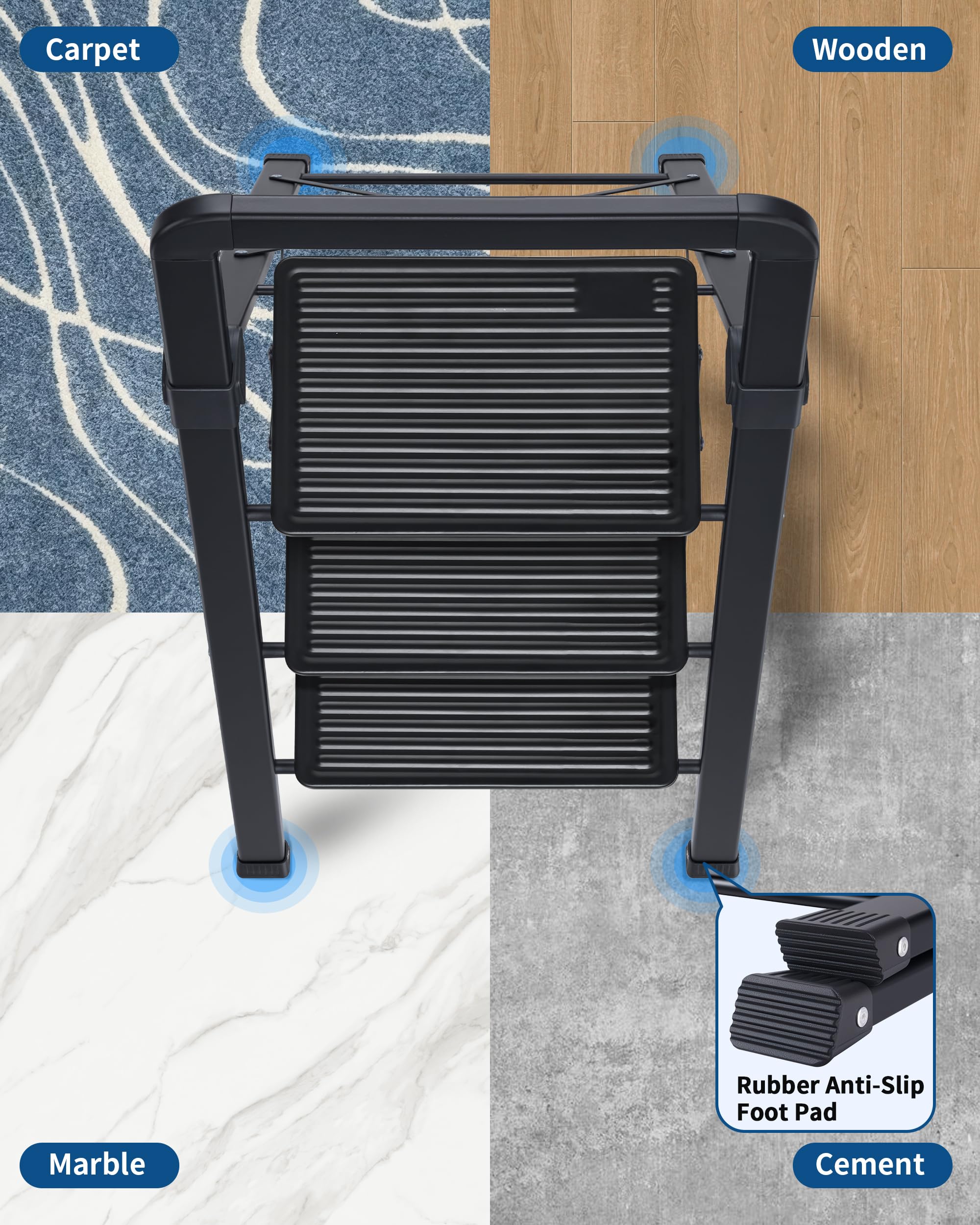 Scaletta pieghevole a 4 gradini, finitura nera, antiscivolo, max 150 kg