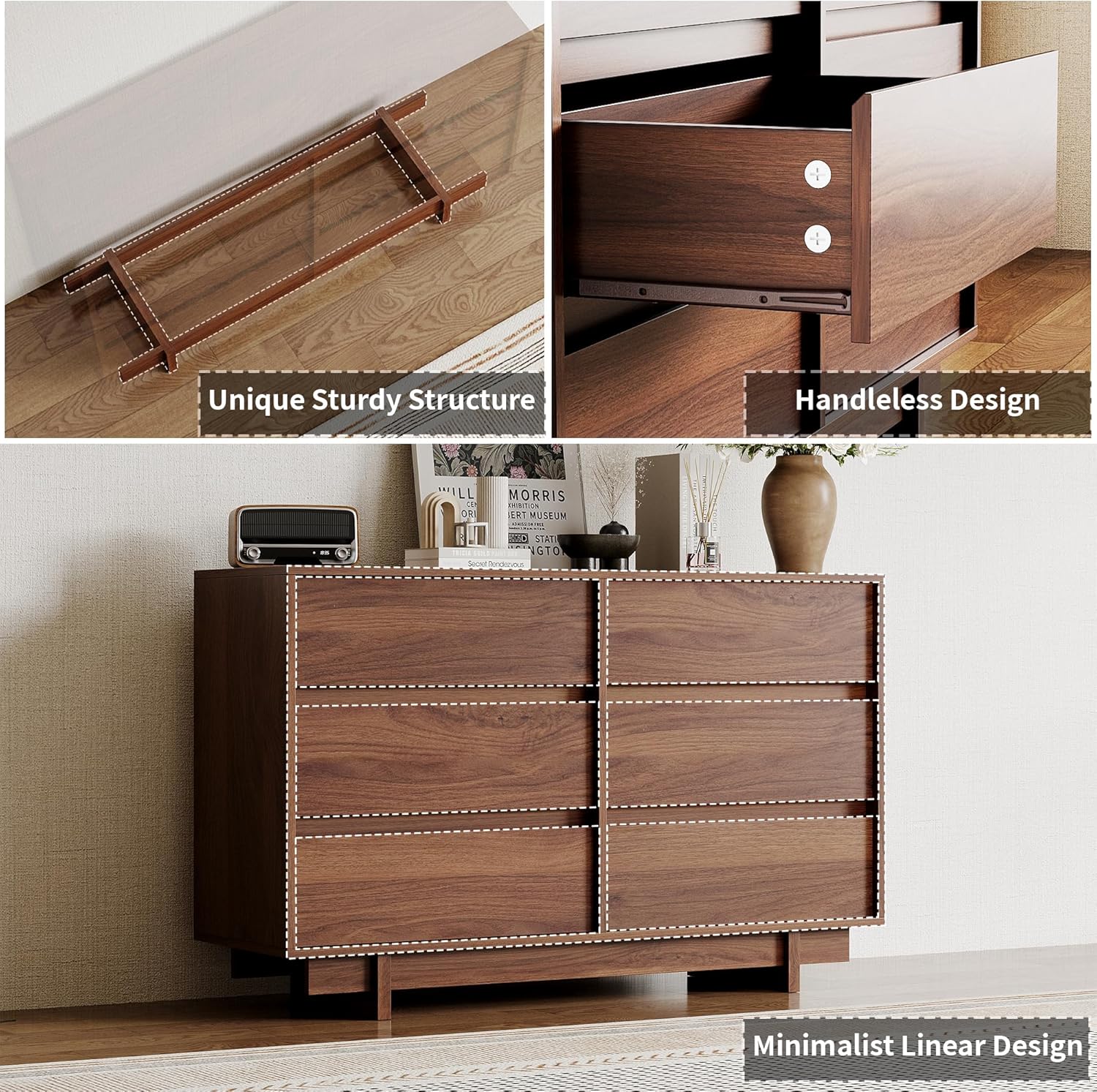 CHUWELL 47" Wide Dresser for Bedroom, Walnut Mid Century Modern Dressers with 6 Drawers, Adequate Capacity Storage,Closet Clothes Organizer for Bedroom