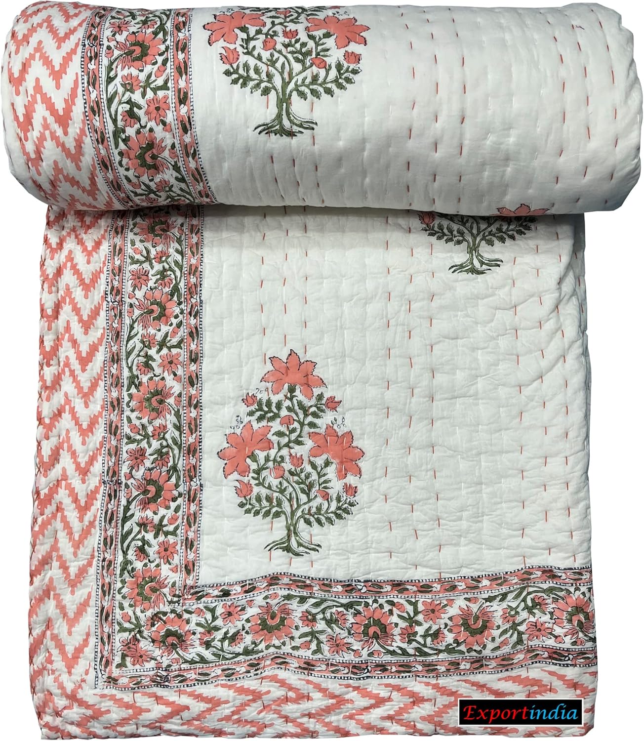 New Hand Block Print Kantha Quilt Cotton Jaipuri Hand Made Cotton Kantha Quilt Blanket Bedding Throw Hand Block Print (Pink, King/Queen Size 90x108 Inch)