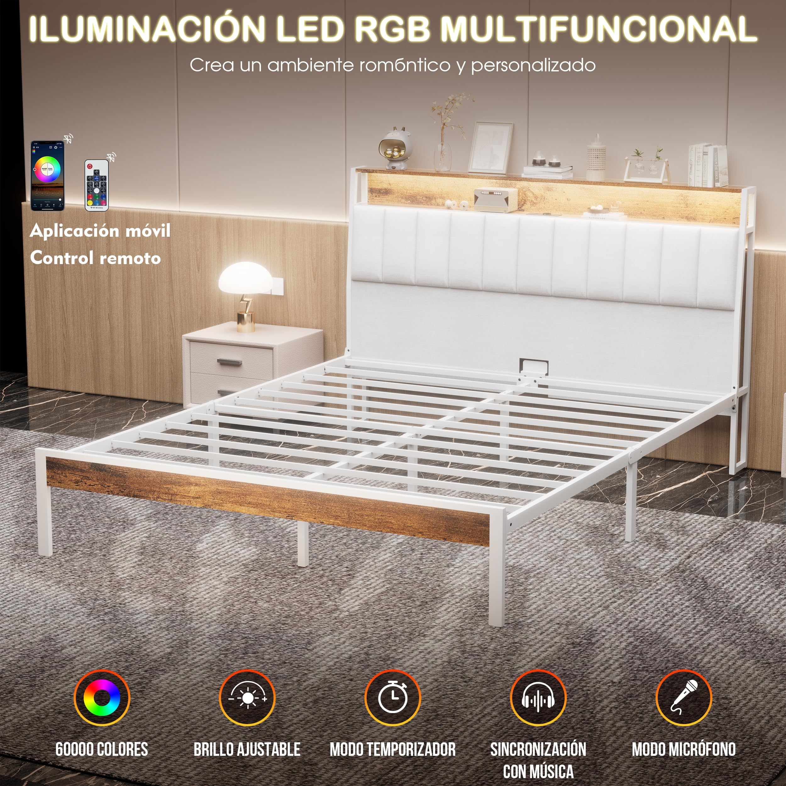 DEWINNER Estructura De Cama 140x190 con Iluminación LED, Cama Doble con Cabecero con Espacio De Almacenamiento, con Múltiples Enchufes (1 Toma De CA, 2 Puertos USB), Estructura Robusta
