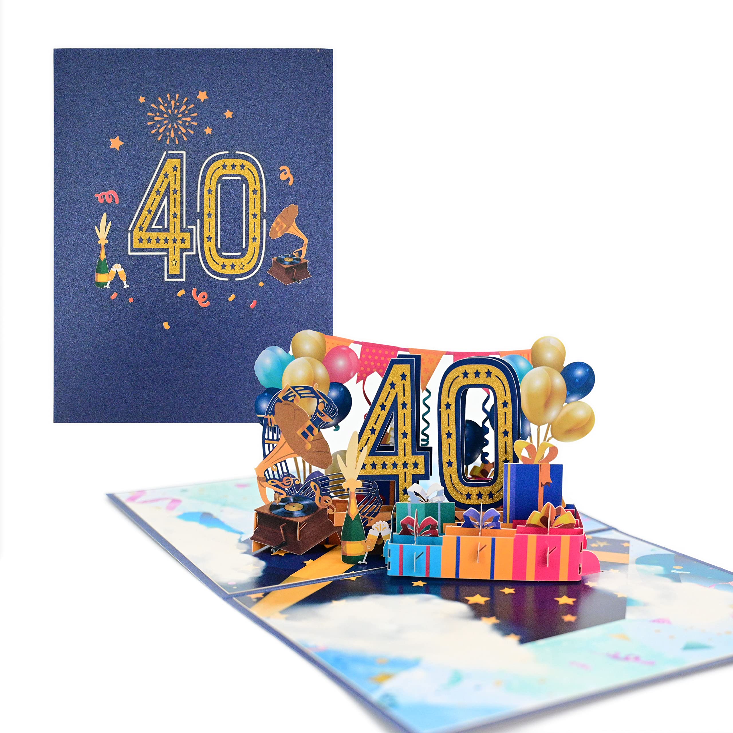 Biglietto Pop-Up 3D Per 40° Compleanno Con Palloncini, Regali E Grammofono - Con Busta Blu Scuro