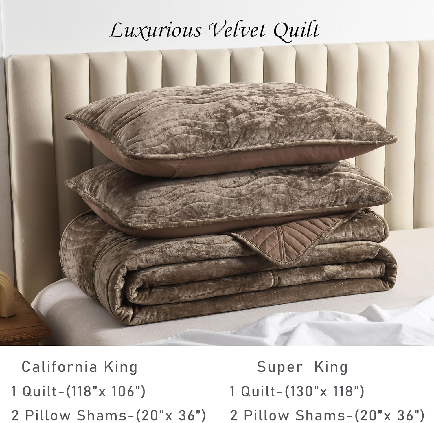Velvet California King Size Quilt, Oversized California Comforter Set Mocha Brown Bedding Set (118”*106”) with 2 Pillow Shams, Luxurious Quilt Set,All-Season 3 Pieces