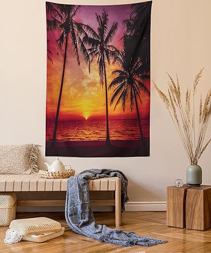 Lunarable Tapiz tropical, playa tropical al atardecer con palmeras pacífica vista nocturna al océano, decoración para colgar en la pared de