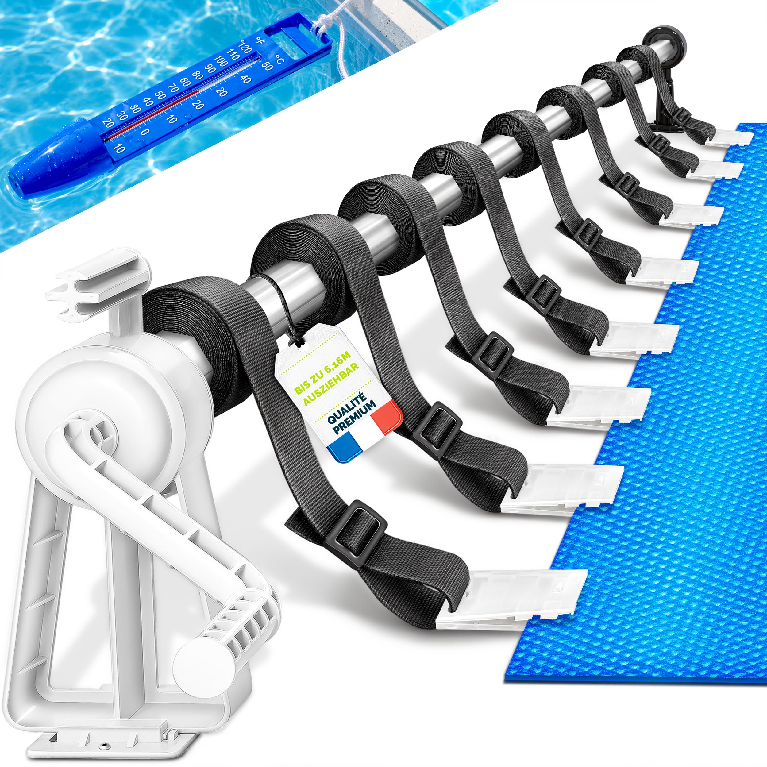 tillvex Dérouleur pour Piscine 1,05-6,15 m avec thermomètre | Système d'enroulage pour bâche Solaire | Dispositif d'enroulement Les bâches de Protection et couvertures de Piscine + Pattes de Fixation