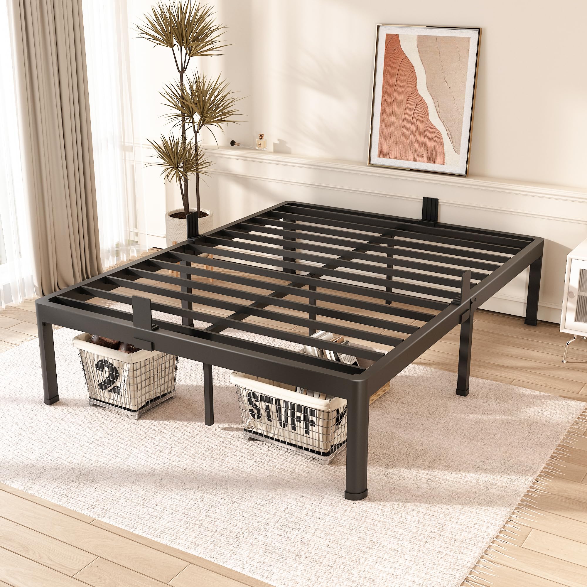 HOBINCHE Telaio per letto matrimoniale da 40,6 cm, senza bisogno di molle, base per materasso in metallo nero resistente con doghe in acciaio, antiscivolo, senza rumore, facile da montare, spazio di