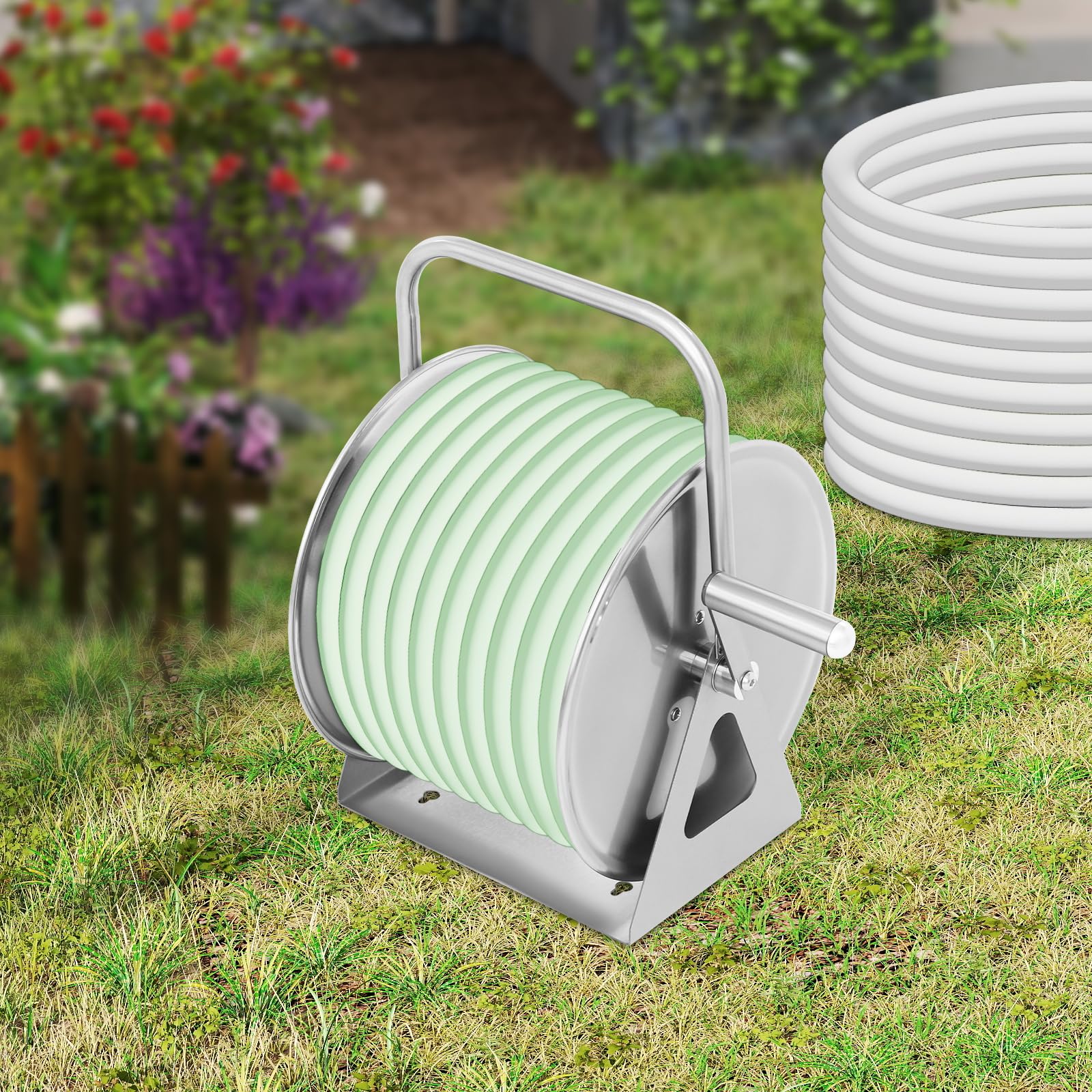 Schlauchtrommel Schlauchhalter Schlauchaufroller - Ohne Schlauch | Edelstahl Gartenschlauchhalter mit Griff, Wandmontage/Standmodell, Gartenzubehör für ordentliche Schlauchaufbewahrung