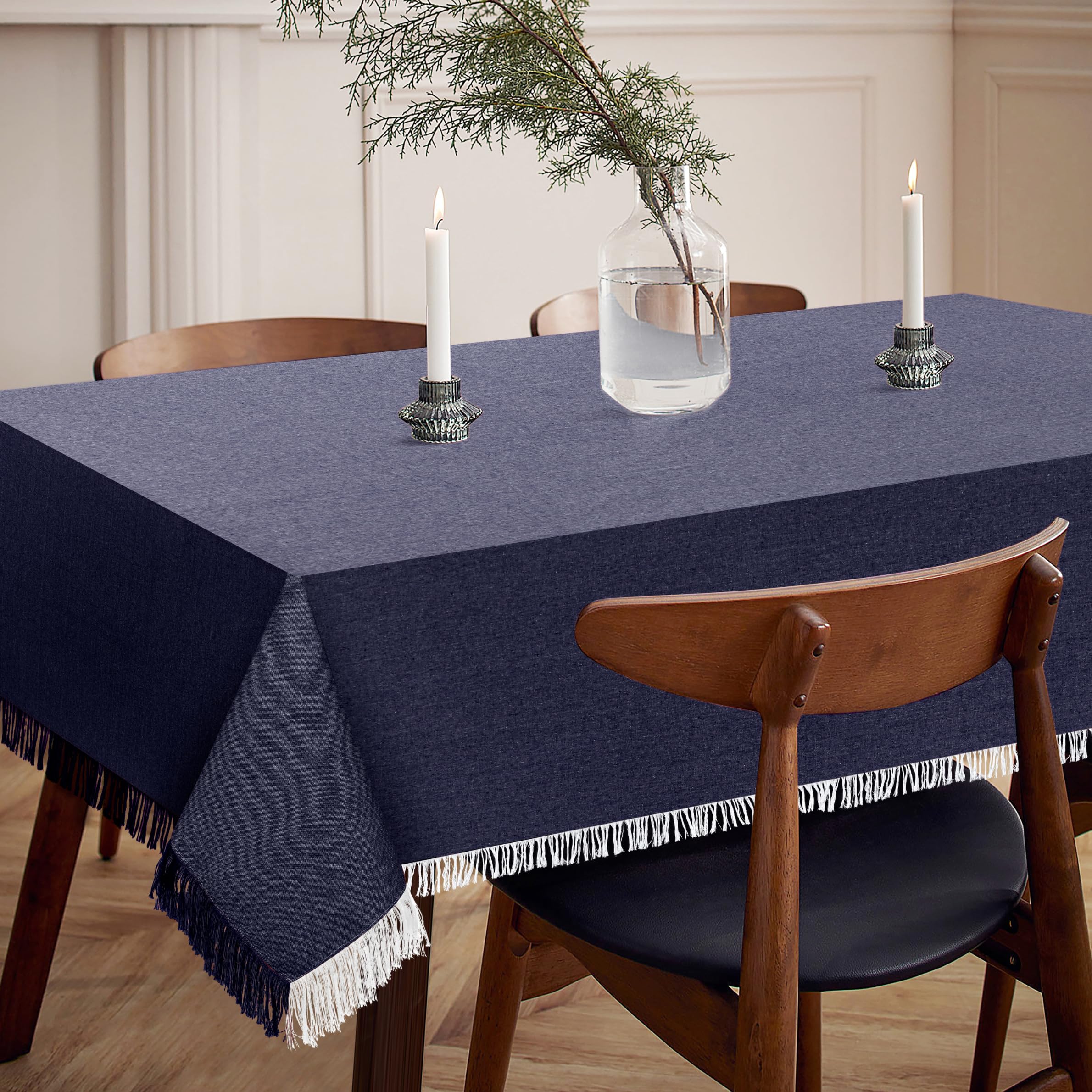 Striped Cotton Linen Tablecloth With Tassel - Navy Blue Rectangle 55 X 86 Inches, Wrinkle & Spill Resistant - View #4