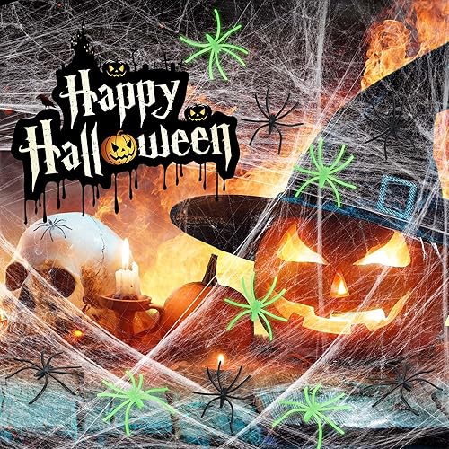 Miniatura 6 de Telarañas de 1000 pies cuadrados, decoraciones de Halloween, 50 arañas falsas brillantes y 50 negras, telarañas superelásticas grandes para