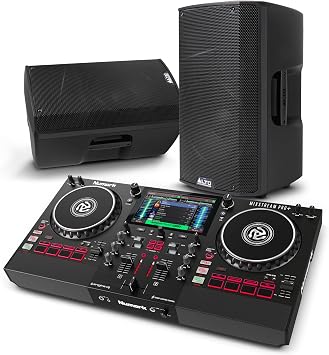 Numark Mixstream Pro+ DJ Controller and ALTO TX415 Powered PA Speakers Pair for Live Music, DJ sets, Events, Music production