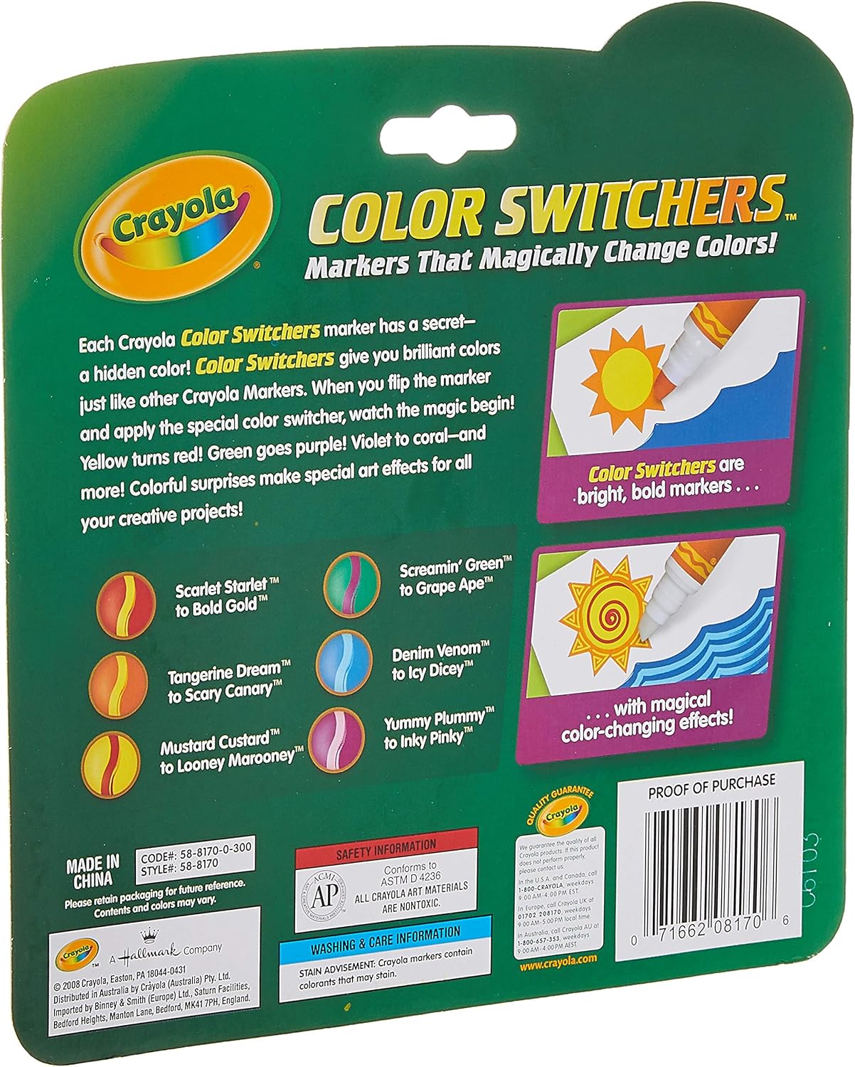 Back of Crayola Color Switchers packaging showing color change examples