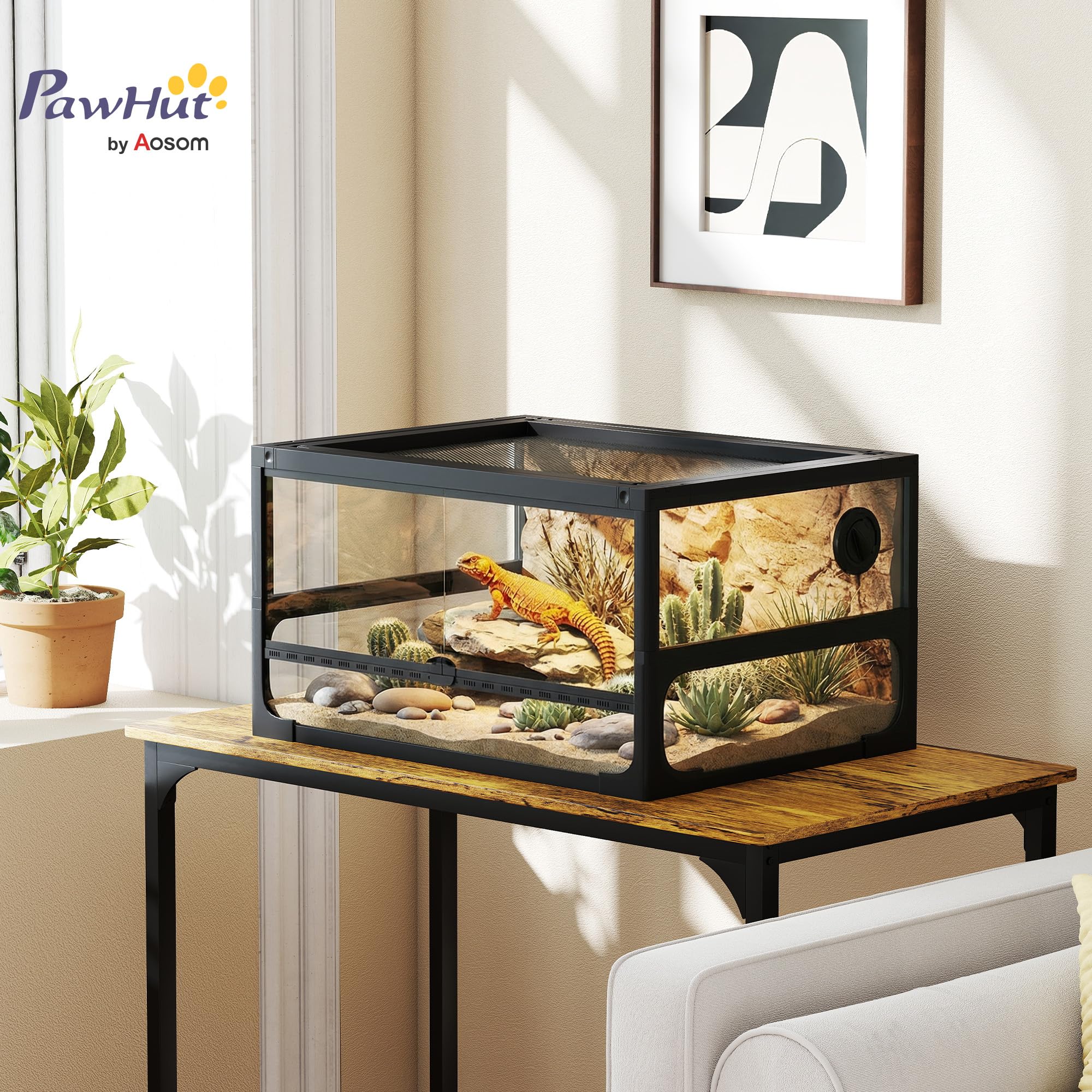 PawHut Faltbares, erhöhtes Reptilienterrarium 60x45x32 cm mit Schloss, Tür für Fütterung, Belüftung und 360° Sicht, Reptilienterrarium aus gehärtetem Glas mit Drahtgeflecht für Echsen, Spinnen