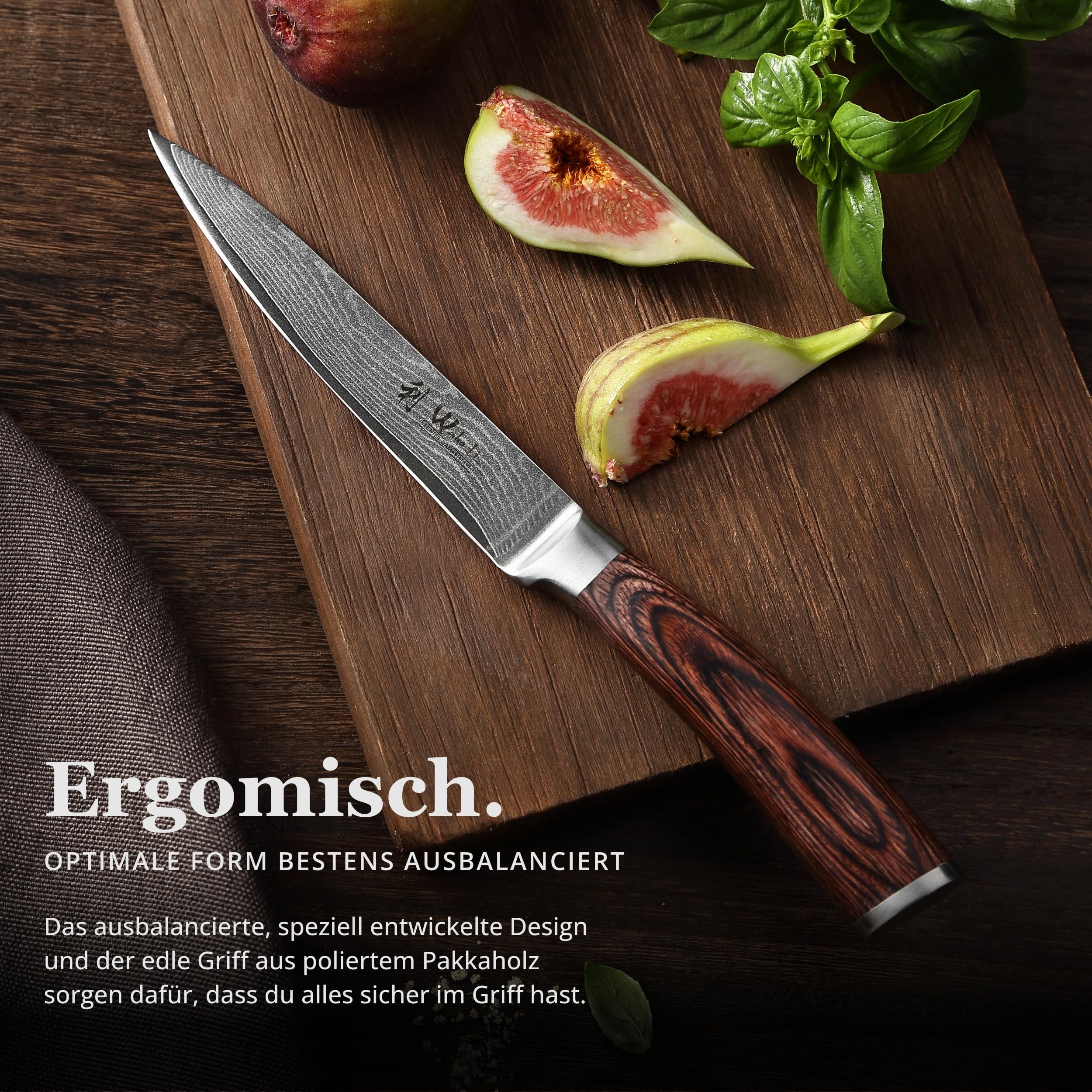 Wakoli EDIB Damast Allzweckmesser mit Gravur – Personalisiertes Messer, 12,5 cm Klinge aus 67 Lagen Damaststahl (VG10-Kern), Pakkaholzgriff – Einzigartiges Küchenmesser Geschenk, Geschenkverpackung