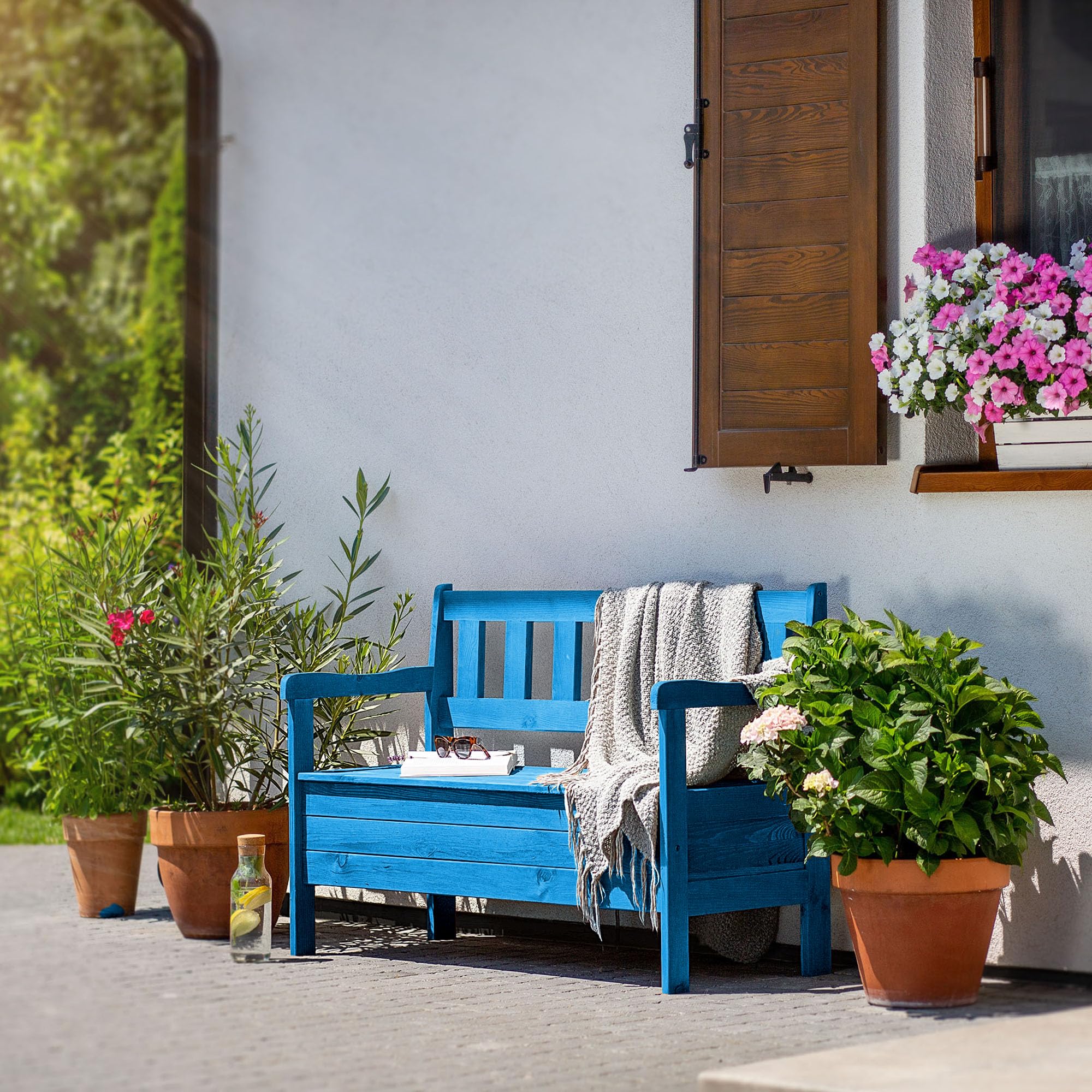 KADAX Panchina da giardino, 119 x 43 x 75 cm, cassapanca in legno con vano portaoggetti e schienale, resistente alle intemperie, per giardino, balcone (Blu)
