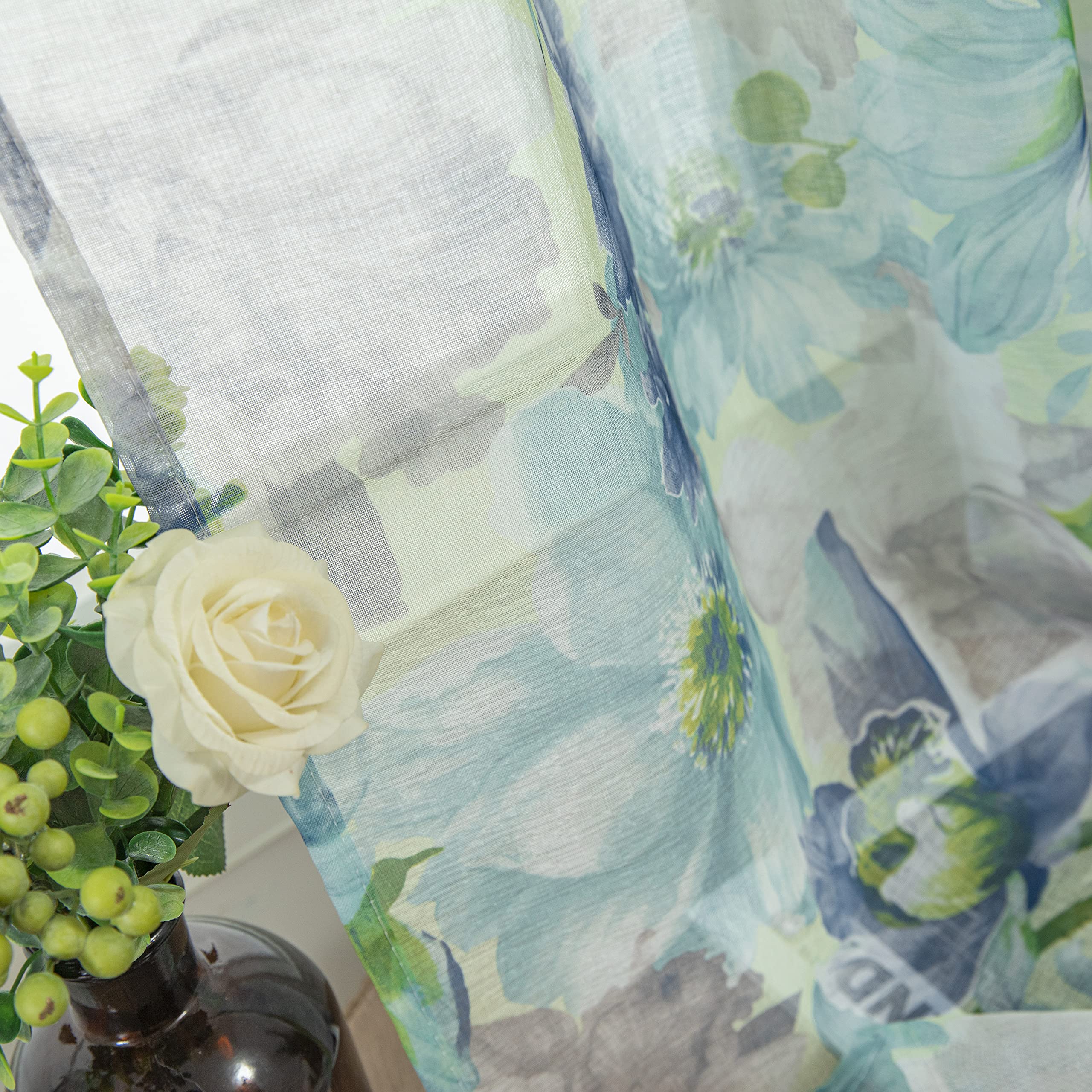 Durchsichtige Vorhänge mit Blumenmuster, 213 cm lang, Blaue Blumendruck, französisches Landhaus, halbtransparenter Vorhang für Kinderzimmer, Schlafzimmer, Wohnzimmer, Leinenoptik