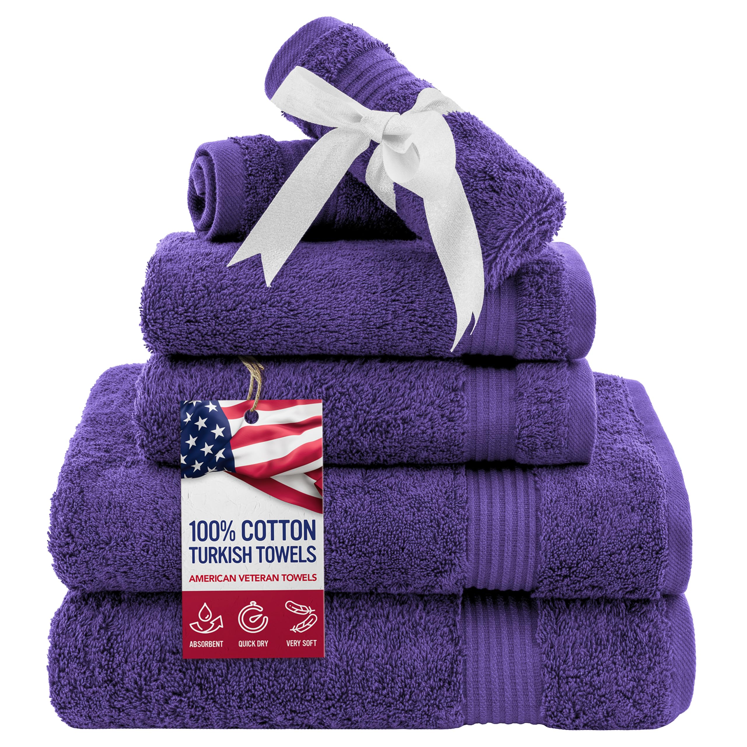 American Veteran Towel, 6 Piece Towel Set for Bathroom, 100% Cotton Turkish Bathroom Towels, 2 Bath Towels 2 Hand Towels 2 Washcloths, Purple