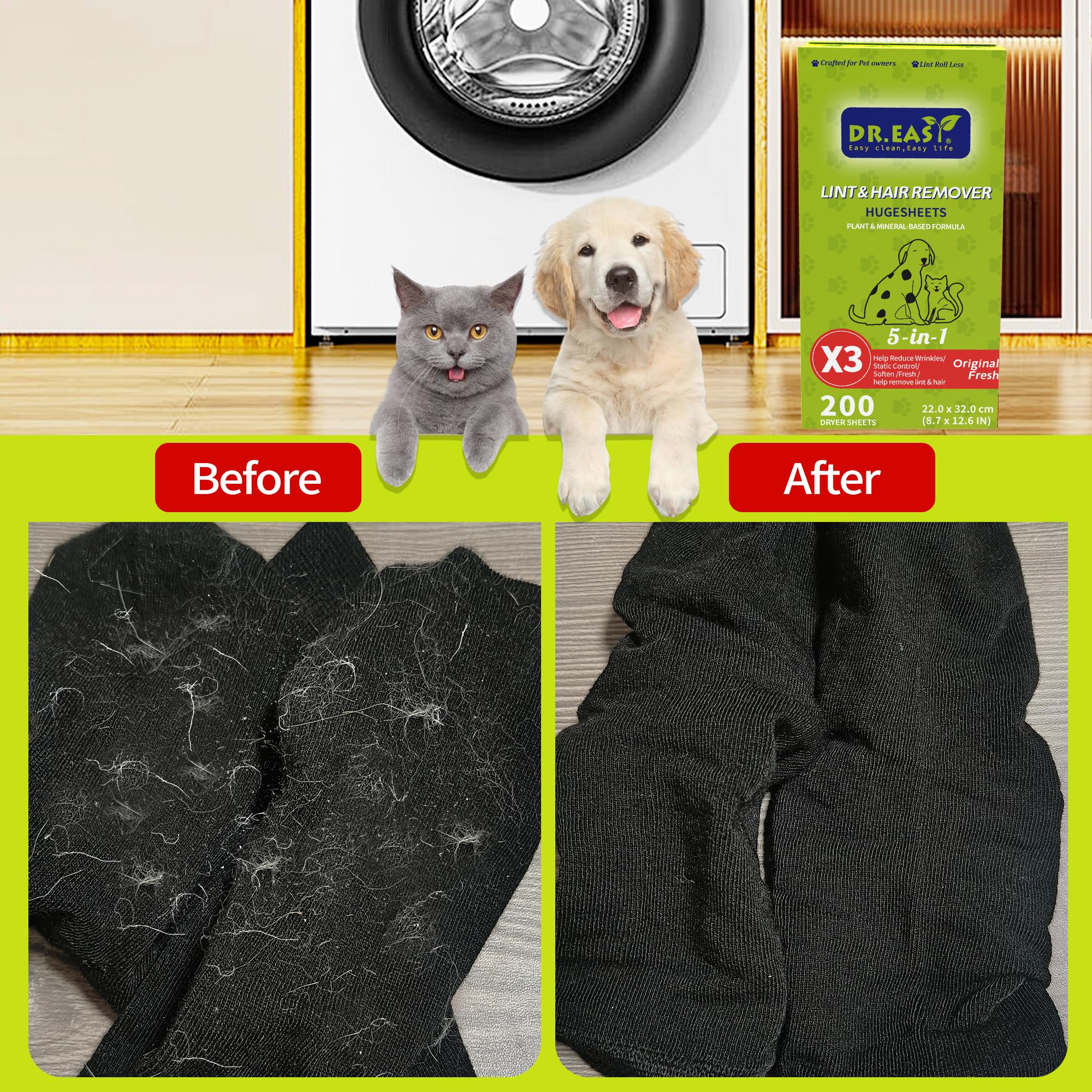 Dr.Easy LINT & HAARENTFERNER Haustier HUGESHEETS mit 3X Trocknertüchern, Original Frisch, 200 Stück, PFLANZEN- & MINERALBASIERTE FORMEL