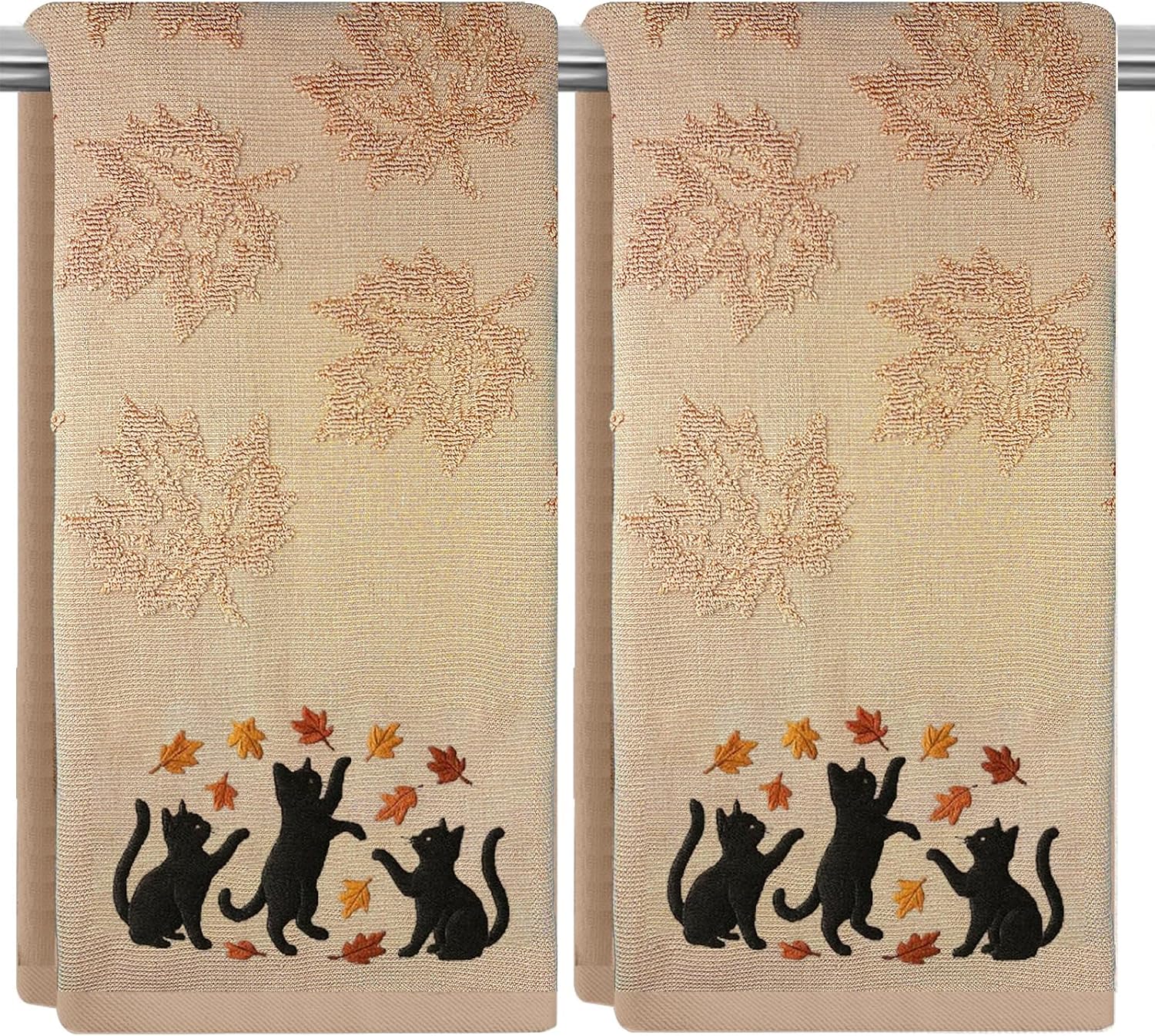 2 Pcs Jacquard Fall Maple Leaf Hand Towels for Bathroom Thanksgiving Embroidered Cat Towels Autumn 100% Cotton Soft Absorbent Decorative Funny Bathroom Decor Gift, 13.7 x 29.5 Inch(Cat)