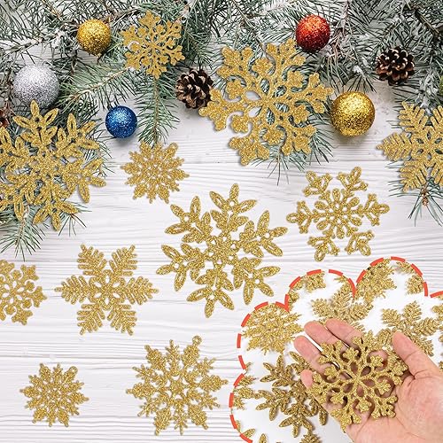 Miniatura 6 de 49 piezas de decoraciones de fiesta de Navidad adornos de copo de nieve  copos de nieve con purpurina dorada DIY adornos colgantes para árbol de