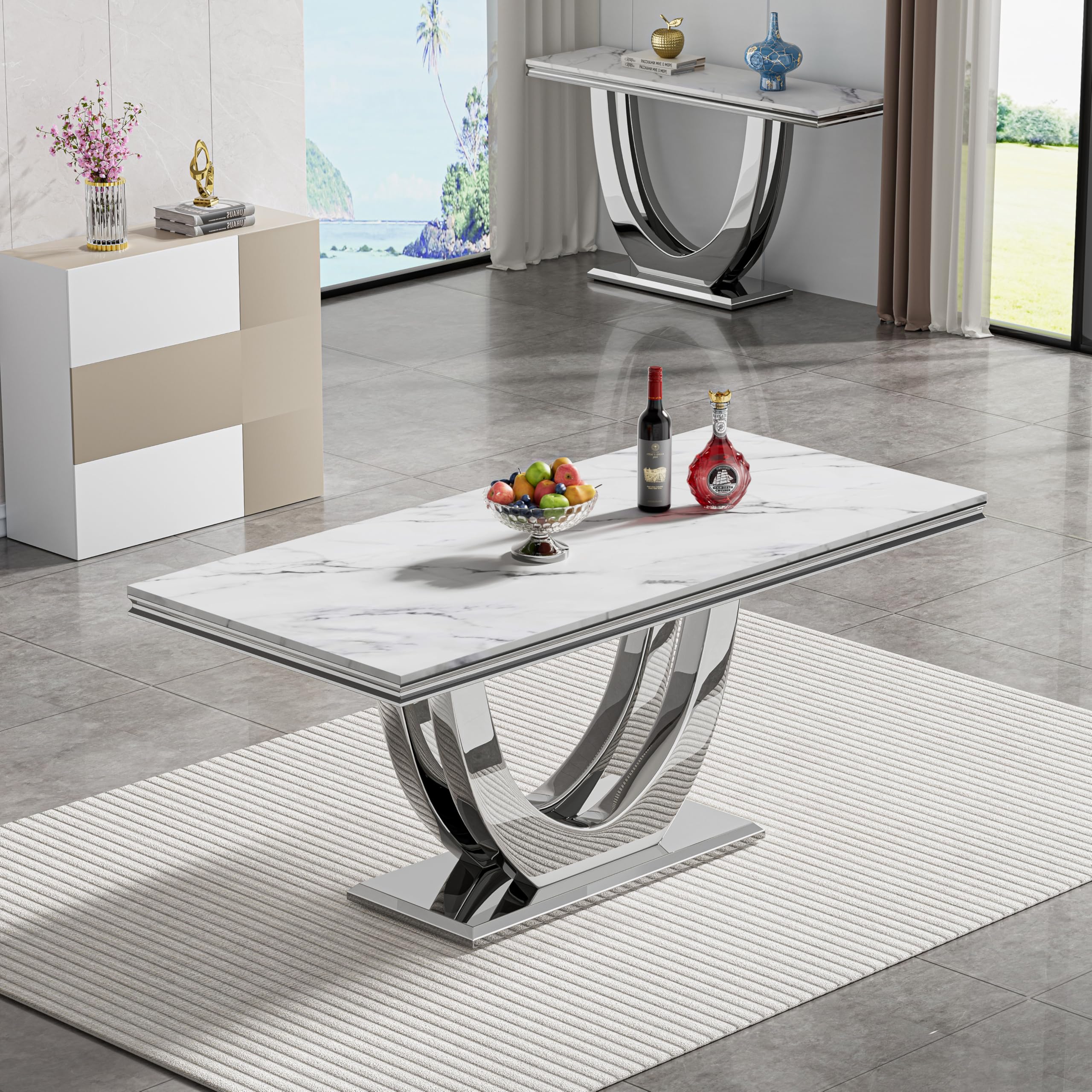 Mcltopz 68" White Dining Table for 8, Modern Rectangular Kitchen Table with Faux Marble Table Top and Double U-Shaped Silver Stainless Steel Base,