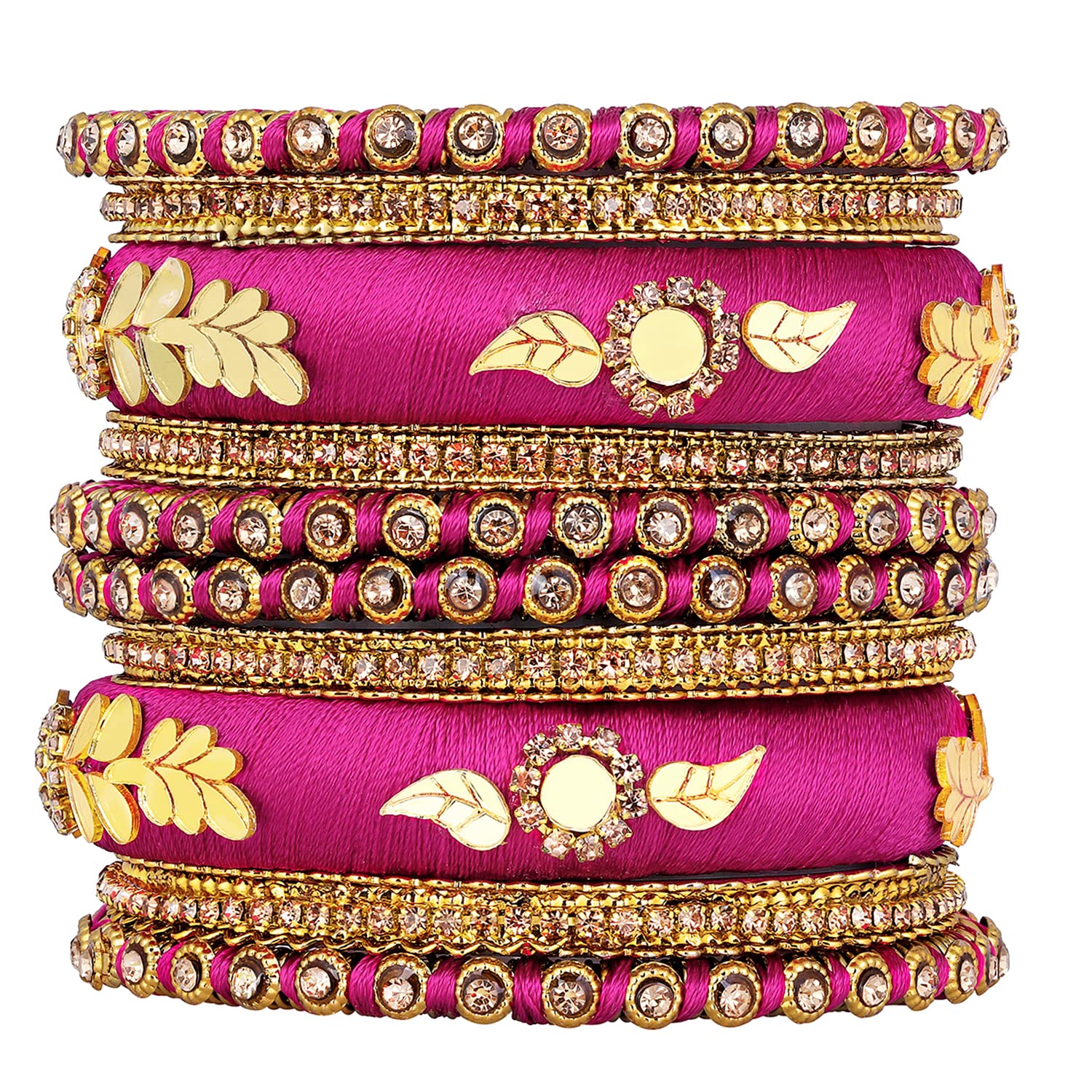 AheliSilk Thread Fabric and Stone Studded Kundan Chura/Chuda Bangles Set for Women (Size -2.6 inch)