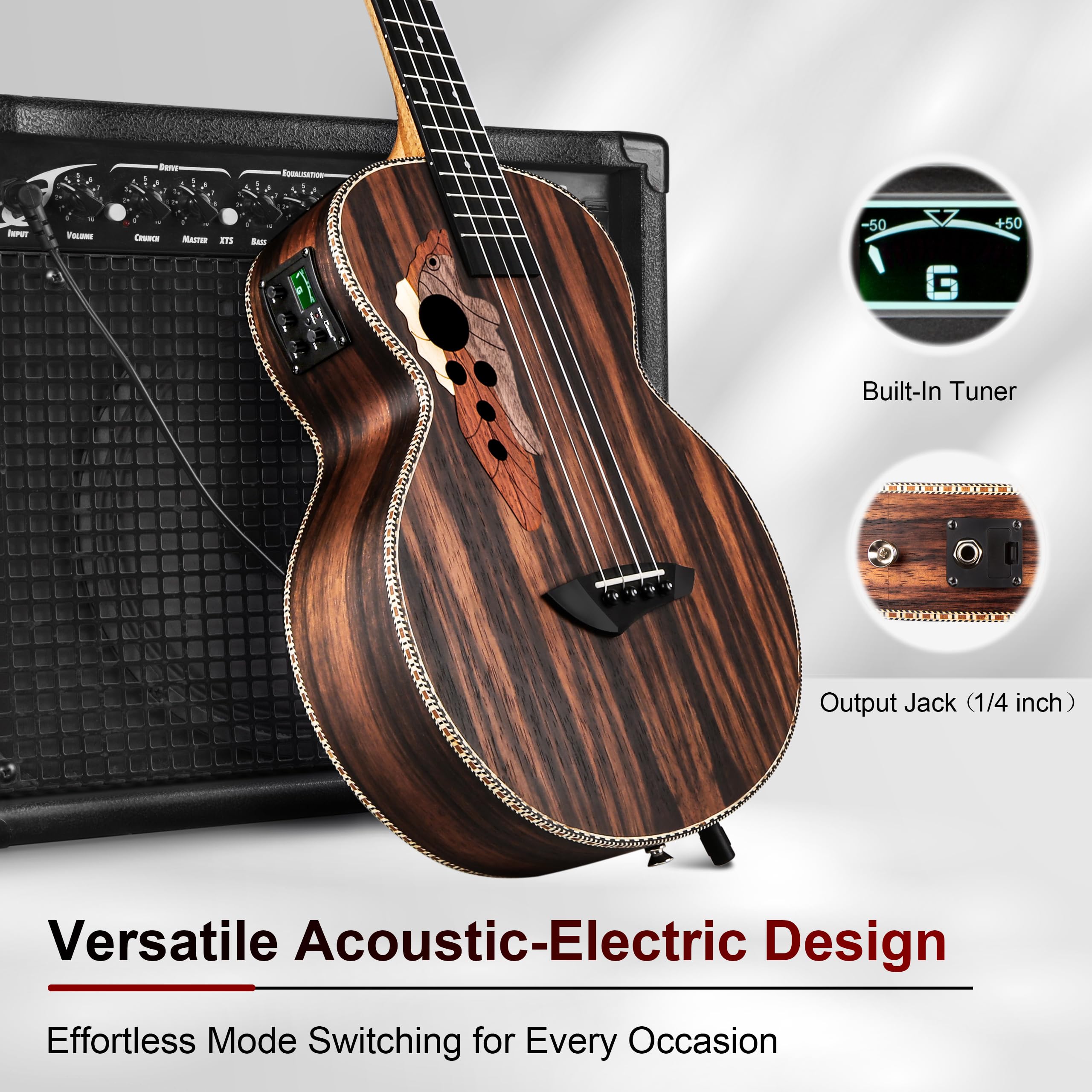 Caramel Ebony Wood Baritone Ukulele 30inch Wood LCD Color Display Electric Ukelele Kit Hawaiian Beginner Guitar Starter Pack Bundle Gig bag, Strap, Strings Set - Image 6