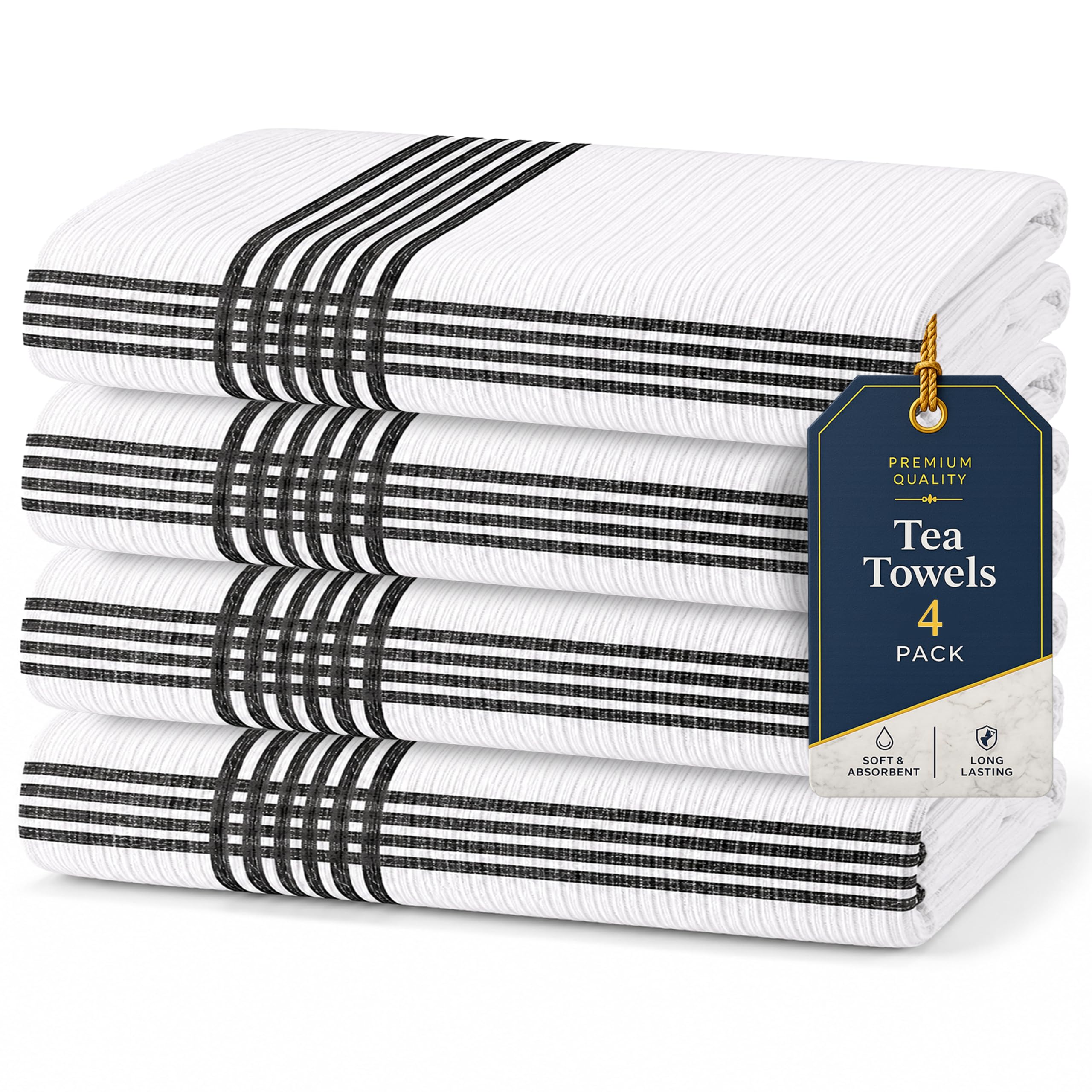 Rohi Tea Towels Pack of 4, 100% Cotton Kitchen Tea Towels Soft Absorbent Dish Towels Reusable Kitchen Hand Towels for Drying Dishes Machine Washable, Lint Free, 45 × 66cm, Black