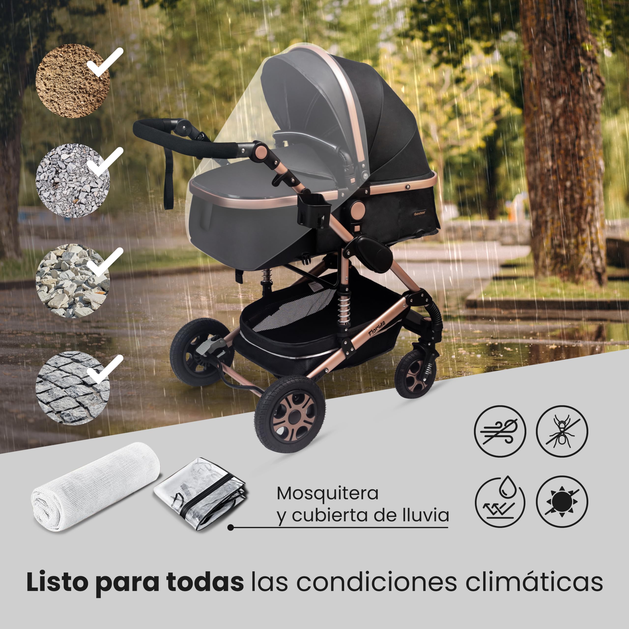 GaGaGaDumi Florida 3 en 1 cochecito completo con asiento de coche - Baby Stroller 3 en 1 TÜV - Cochecito combinado 3 en 1 juego completo de neumáticos completos, bolsa de pañales, Negro/negro