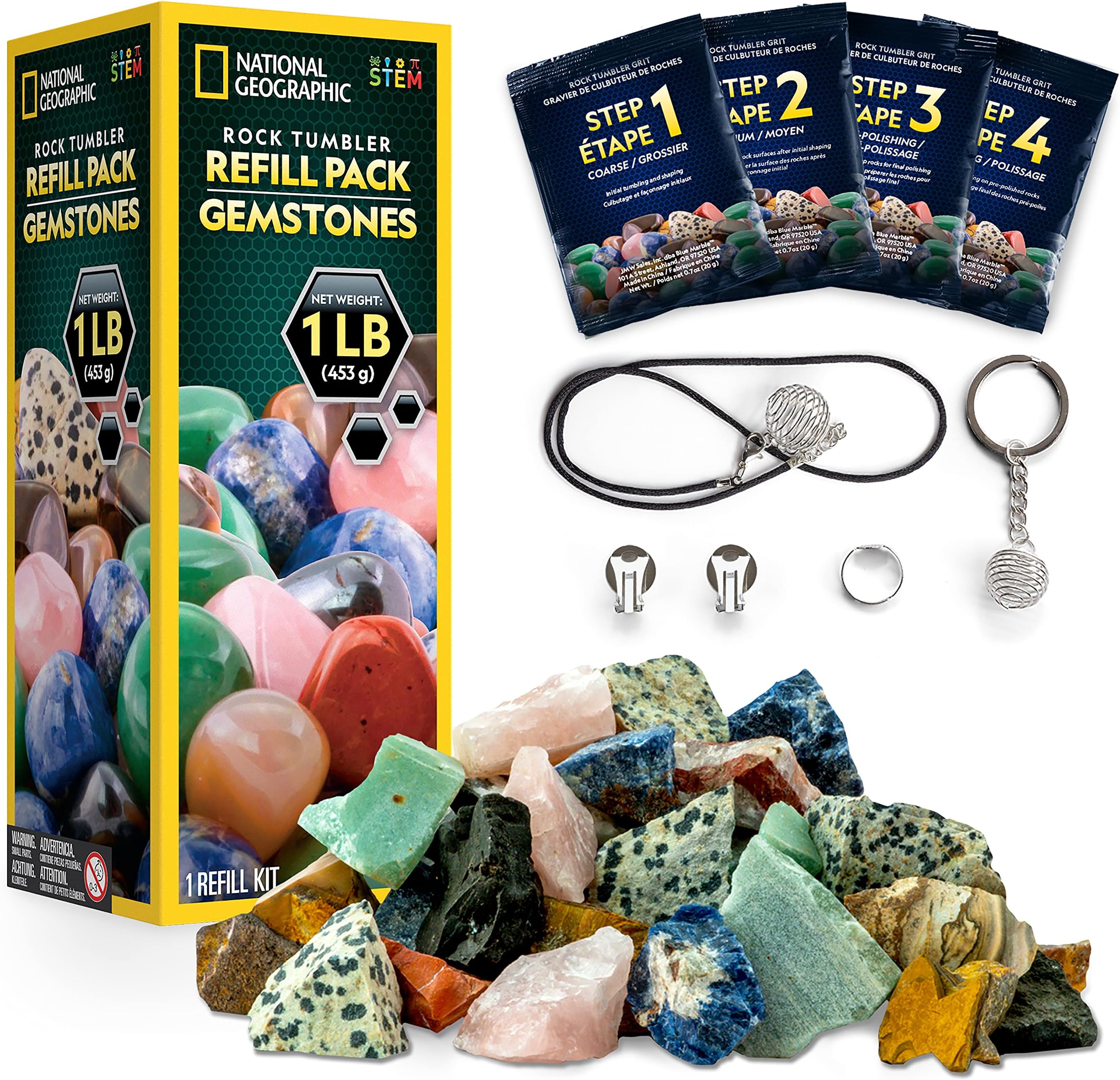 NATIONAL GEOGRAPHIC Rock Tumbler Refill Kit - 453g Gemstone Mix with 9 Varieties Including Tiger's Eye, Amethyst and Quartz - Rock Polisher Supplies Including Grit, Jewellery Settings & Instructions
