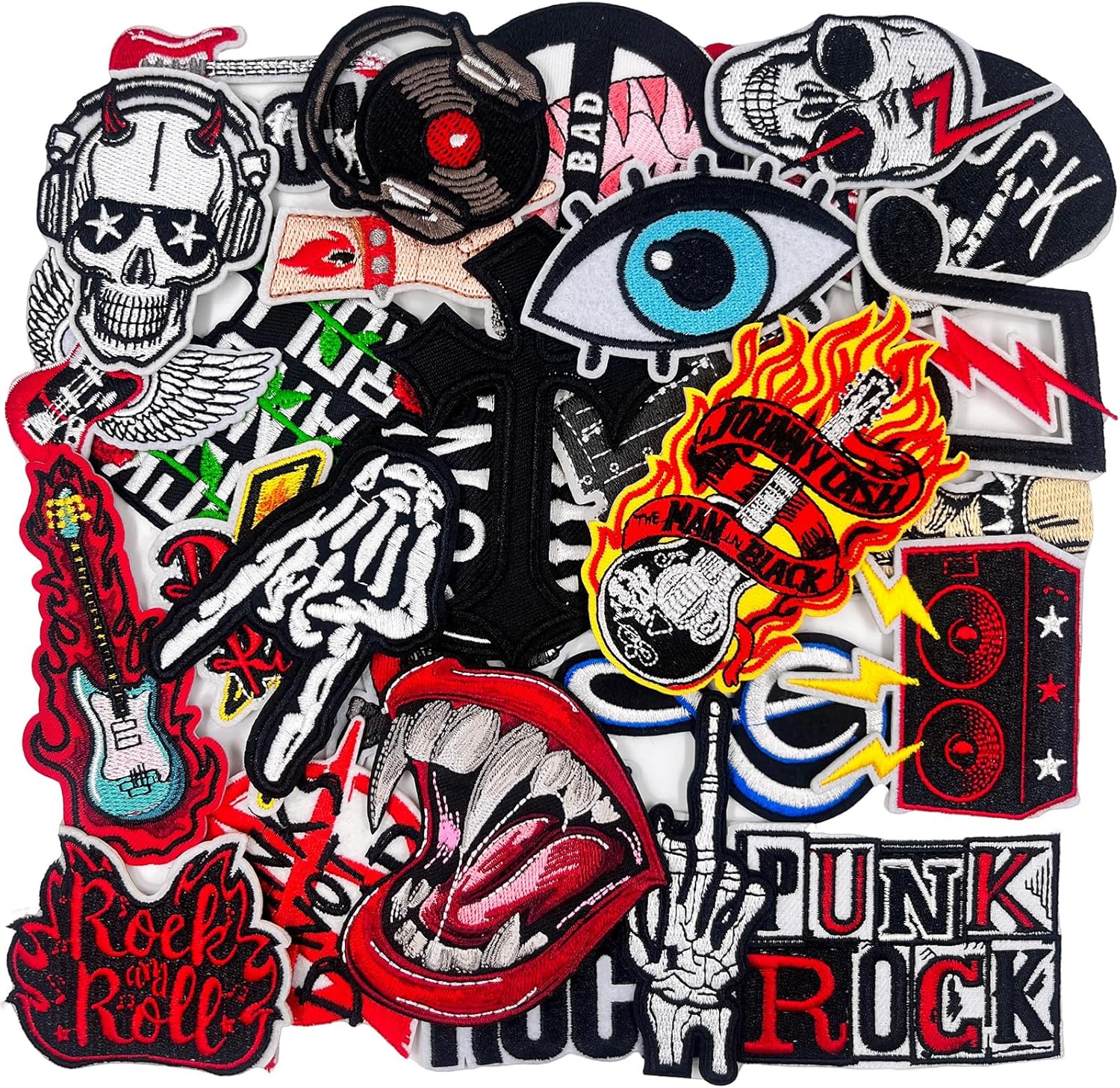DBChan Punk Rock Iron-on Patches, 30 Pack, Music Skull Embroidered Appliques for Clothes, Jackets, Backpacks,Jeans