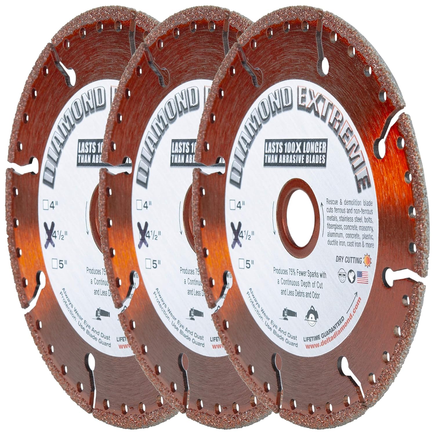 Delta Diamond Extreme 4 1/2-Inch 3-Pack Metal Cutting Diamond Blade, All Purpose Heavy Duty Wet/Dry Cutting for Steel, Rebar, Sheet Metal, Pipe, Angle Iron, and Plastics (4.5" 3pcs)