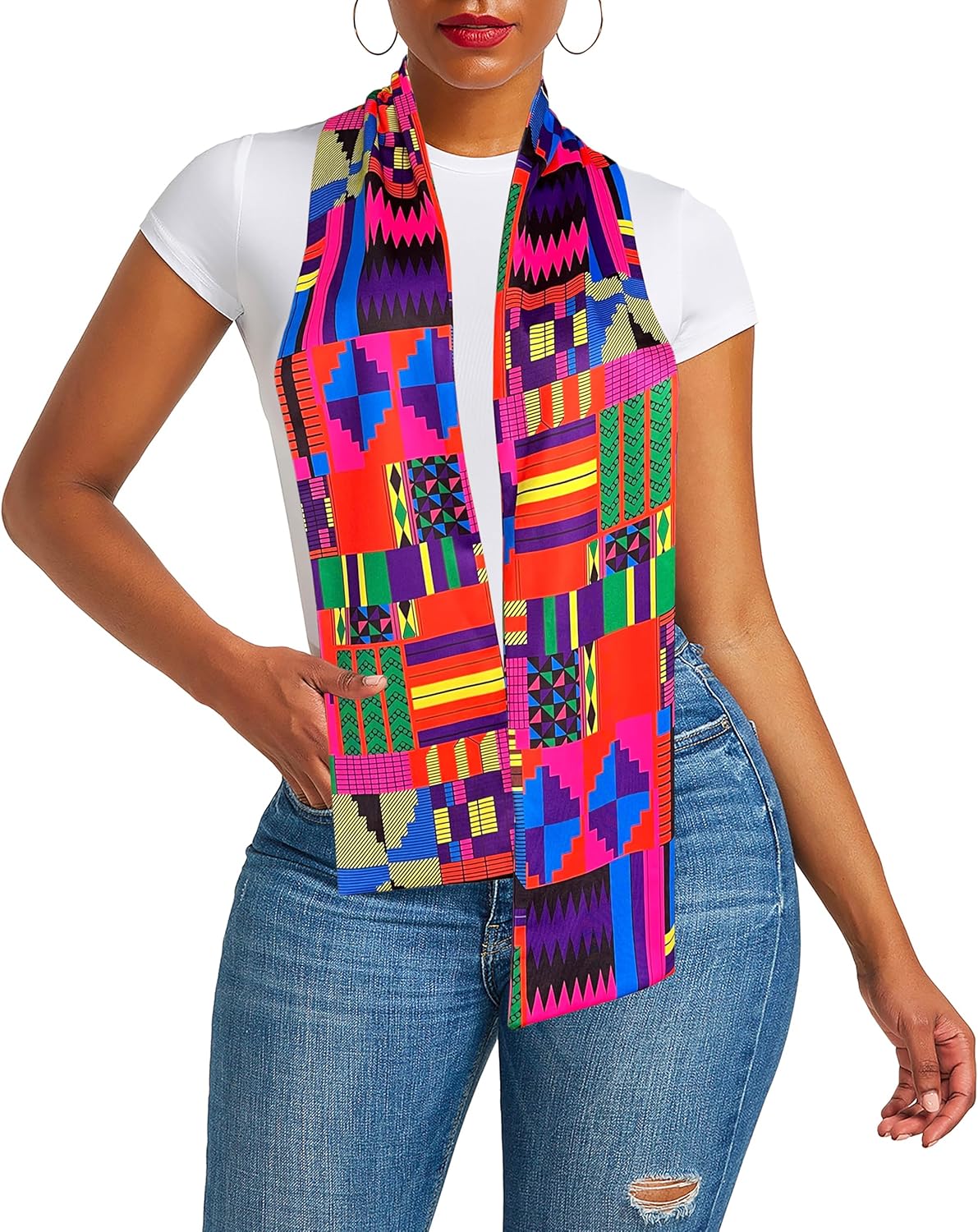 Afibi African Kente Print Stole Sash African Scarf Kente Stole Sash Unisex Kente Cloth Scarves - Image 3
