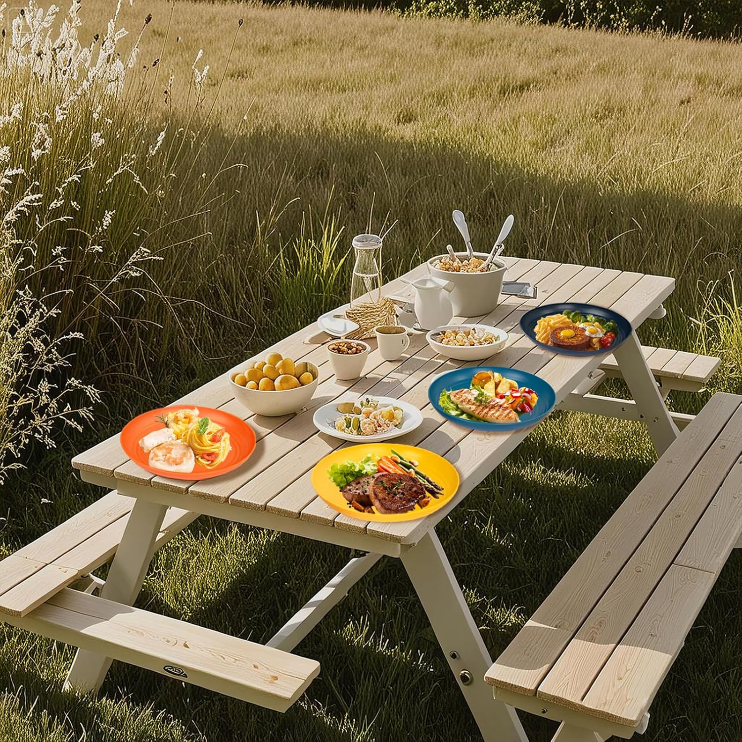 Supernal Wheat Straw Dinner Plates Reusable &Durable Plastic Plates Plastic Dinnerware 16-Pack (4 Orange, 4 Yellow, 4 Blue, 4 Dark Blue), Perfect for Dinner,Party,Outdoor Use